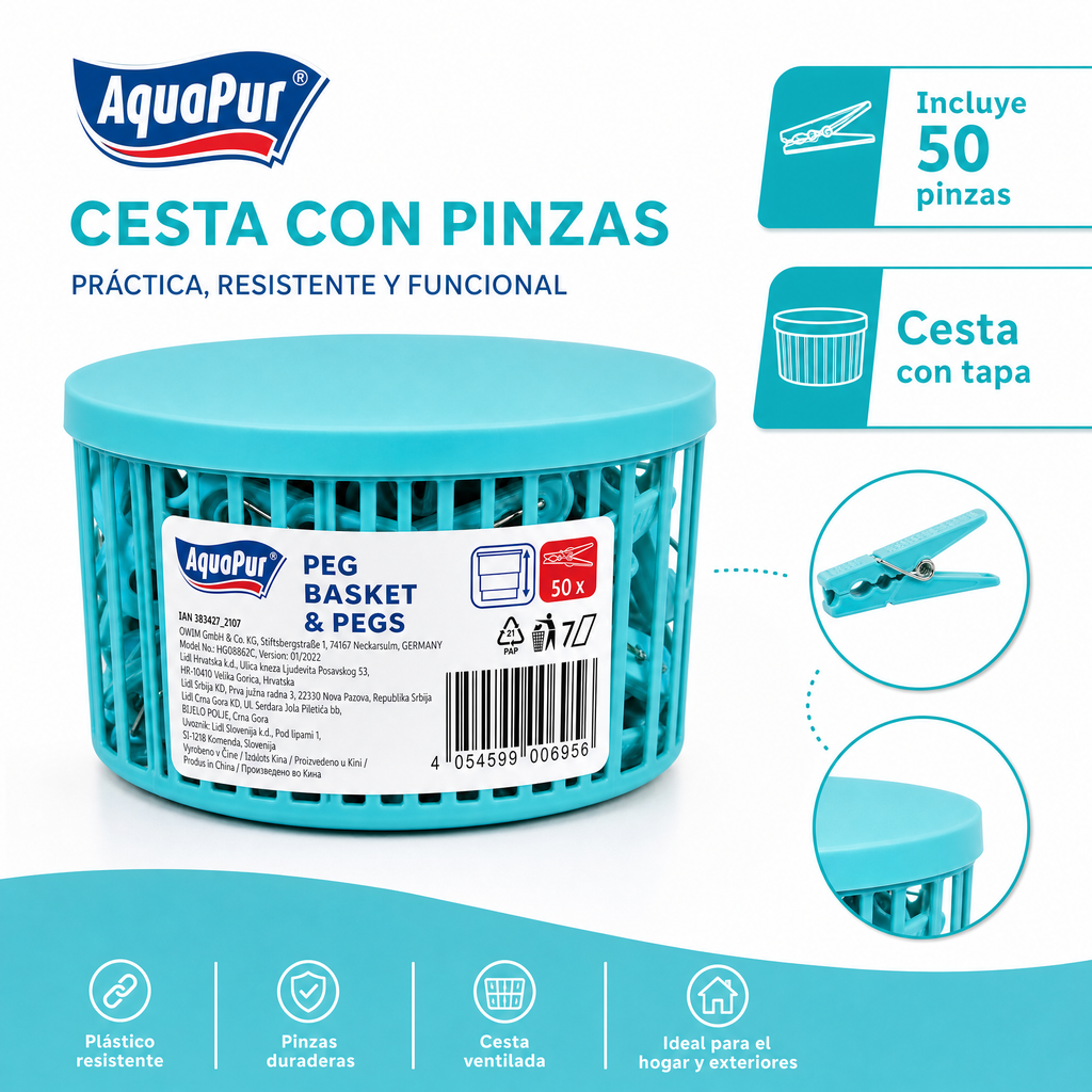 Cesta para pinzas con tapa, 50 pinzas incluidas