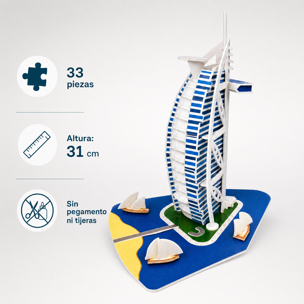 Rompecabezas 3D del hotel Burj Al Arab, encaje sin cortar ni pegar