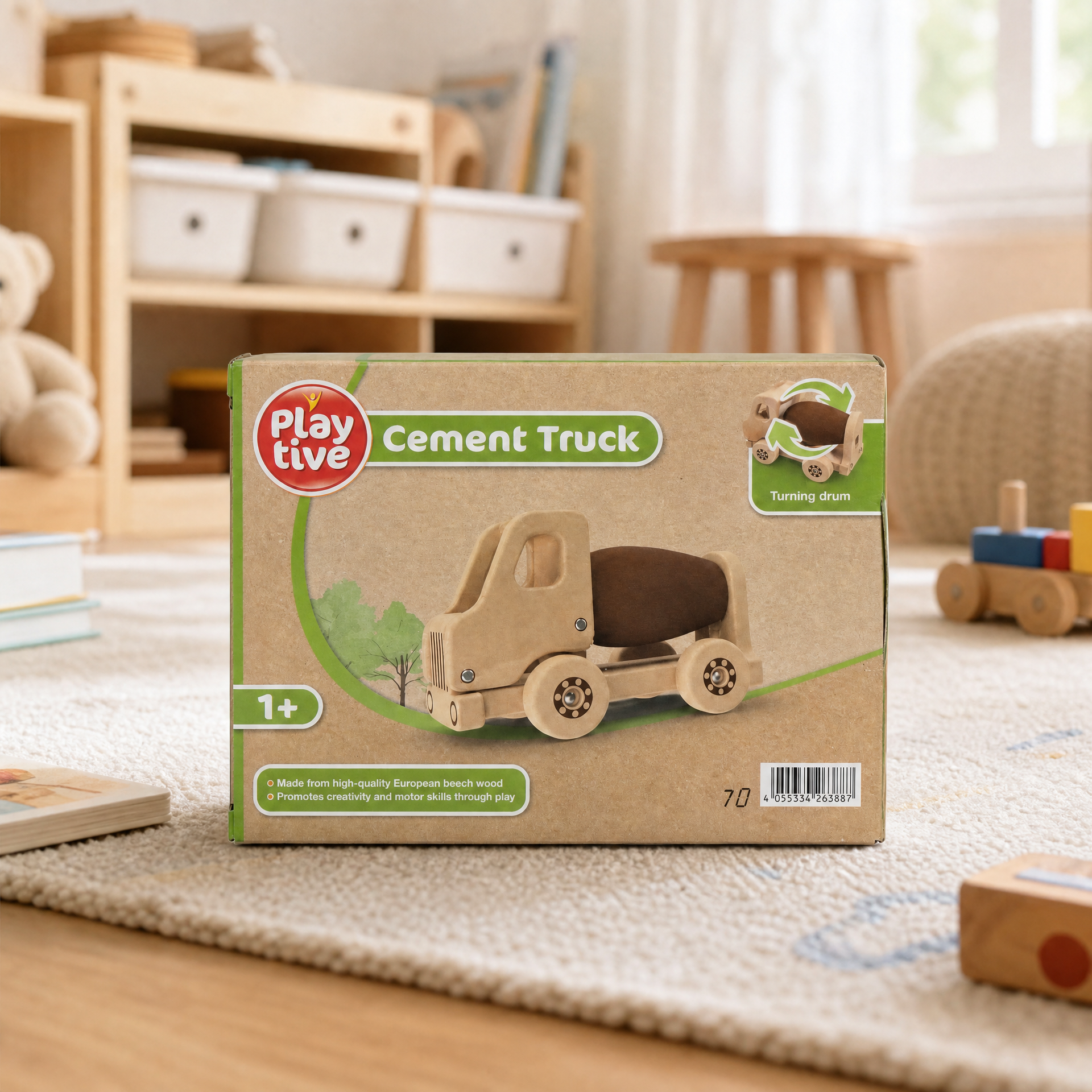 Playtive Camión hormigonera de juguete con tambor que simula funcionamiento y diseño colorido