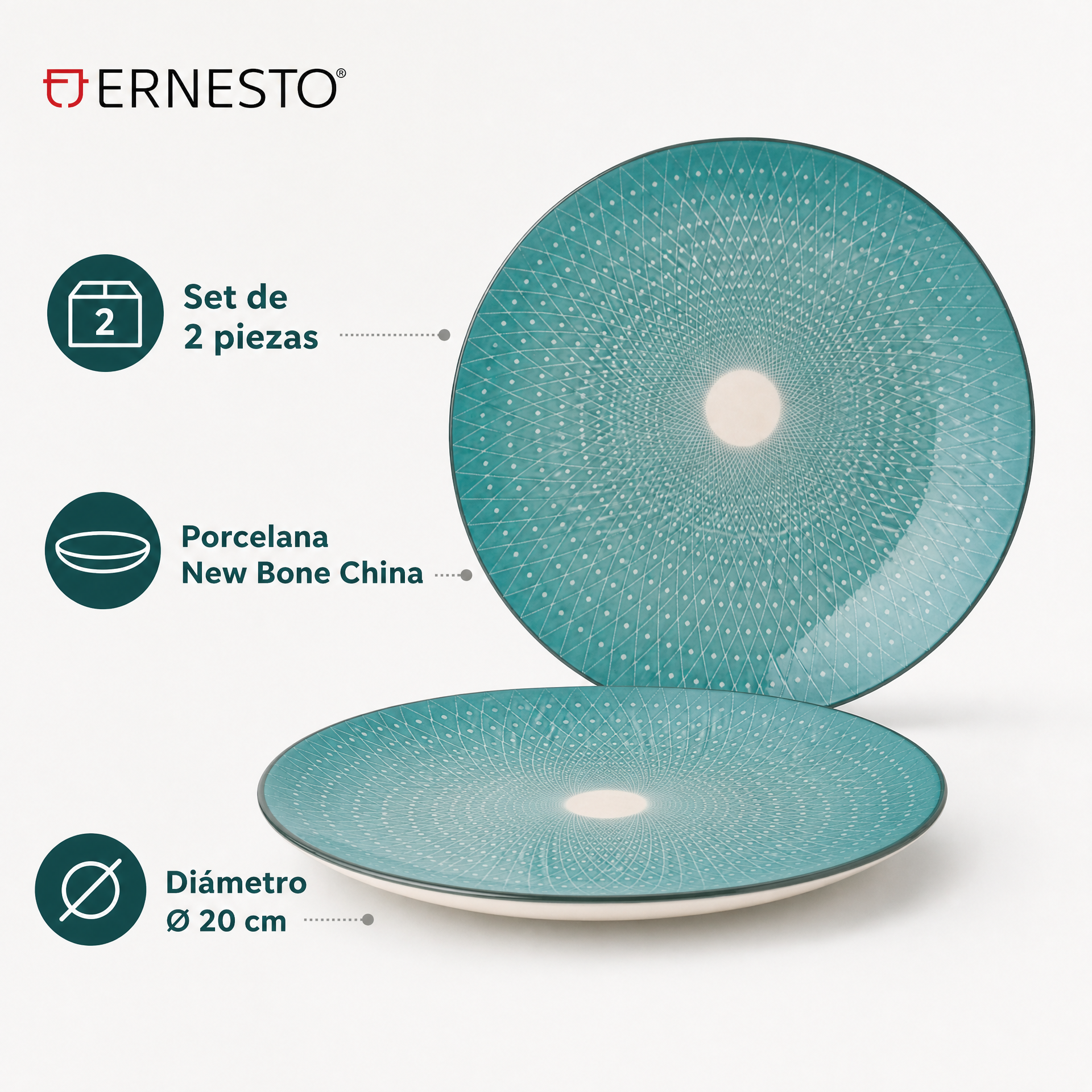 Juego de platos de porcelana New Bone China con decoración geométrica turquesa
