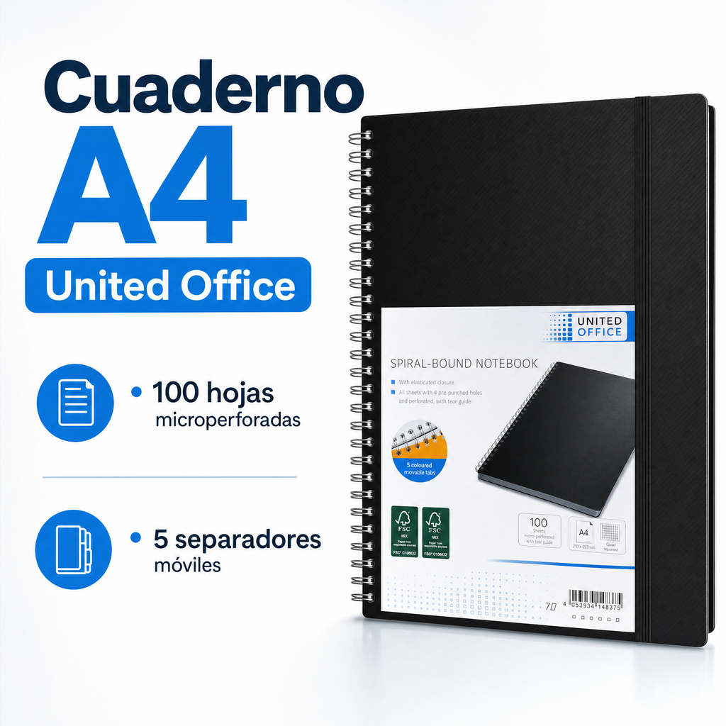 United Office Cuaderno de Espiral A4 Negro