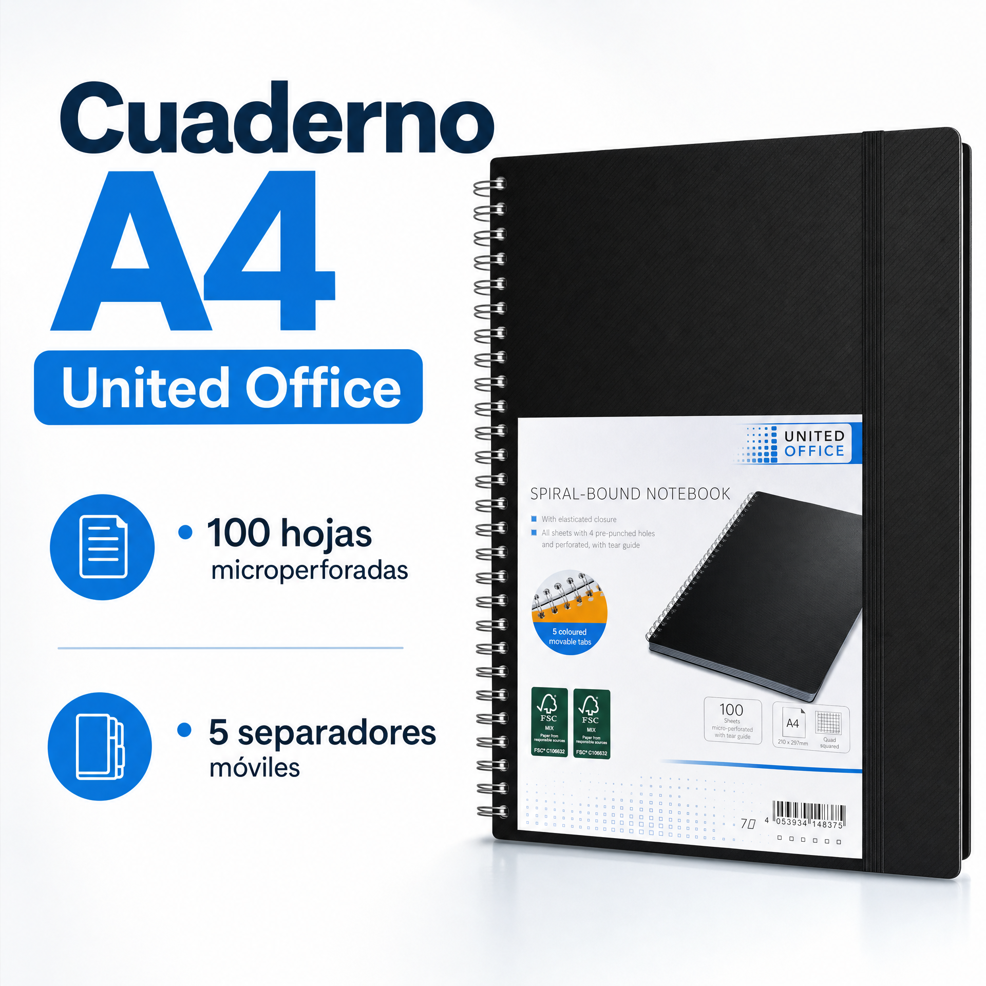United Office Cuaderno de Espiral A4 Negro