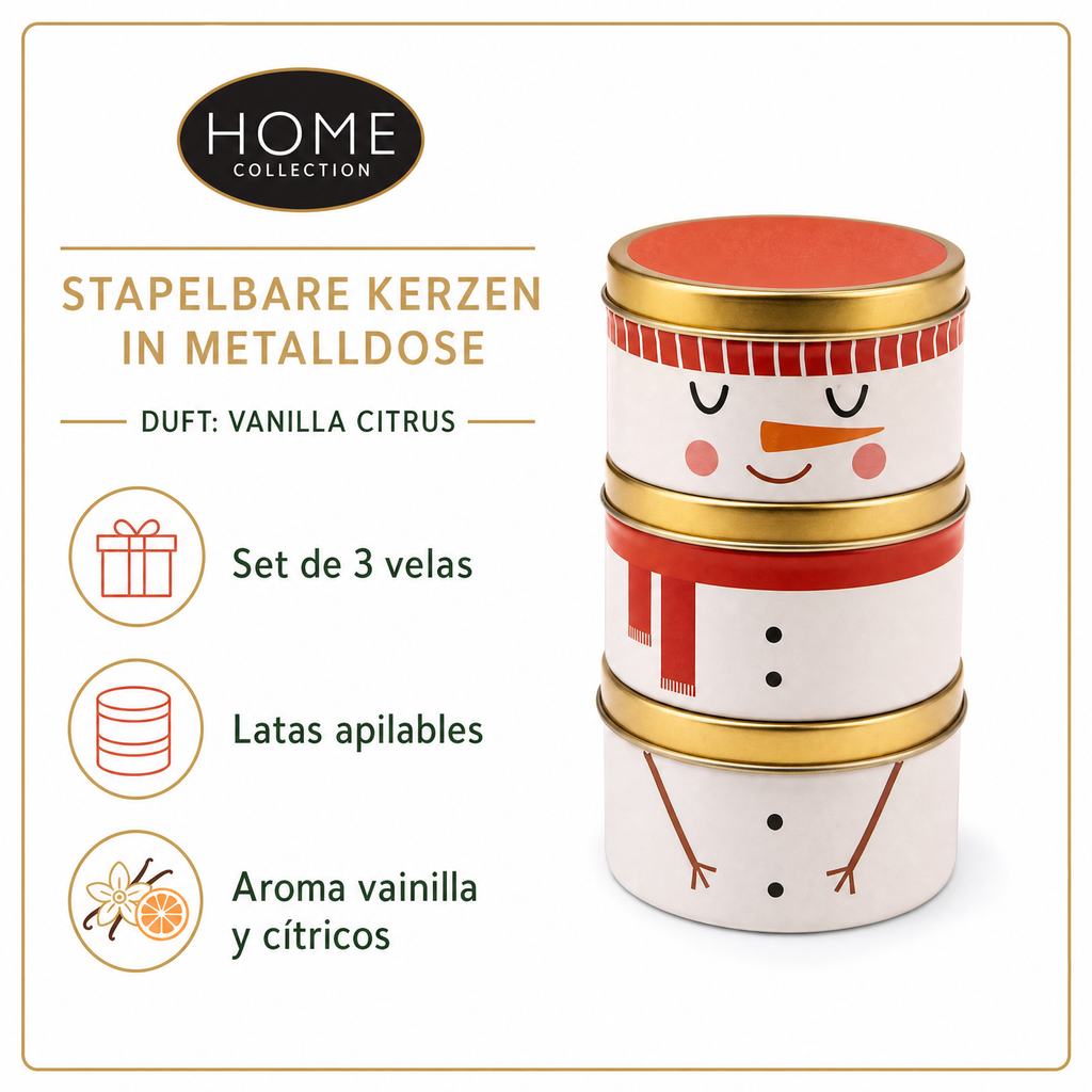 HOME Velas apilables en lata metálica — aroma vainilla cítrica
