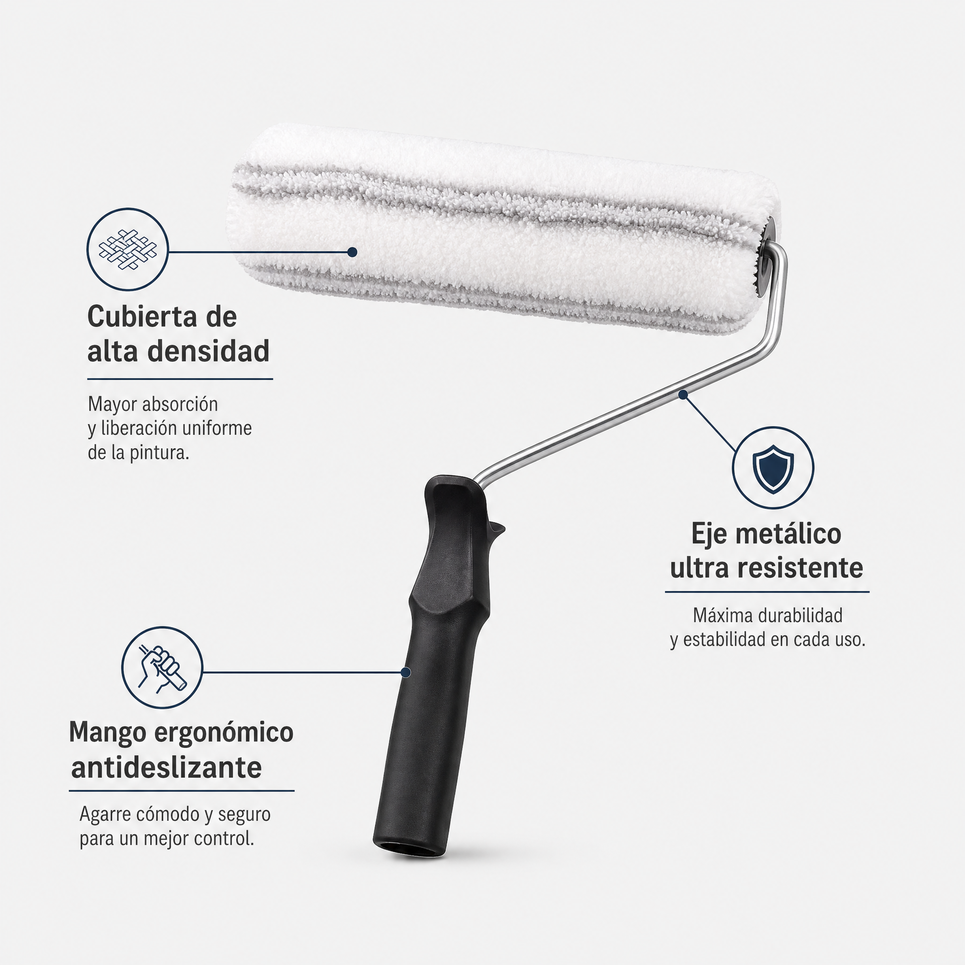 Rodillo de pintura cubierta blanca con rayas grises, eje metálico en L y mango negro
