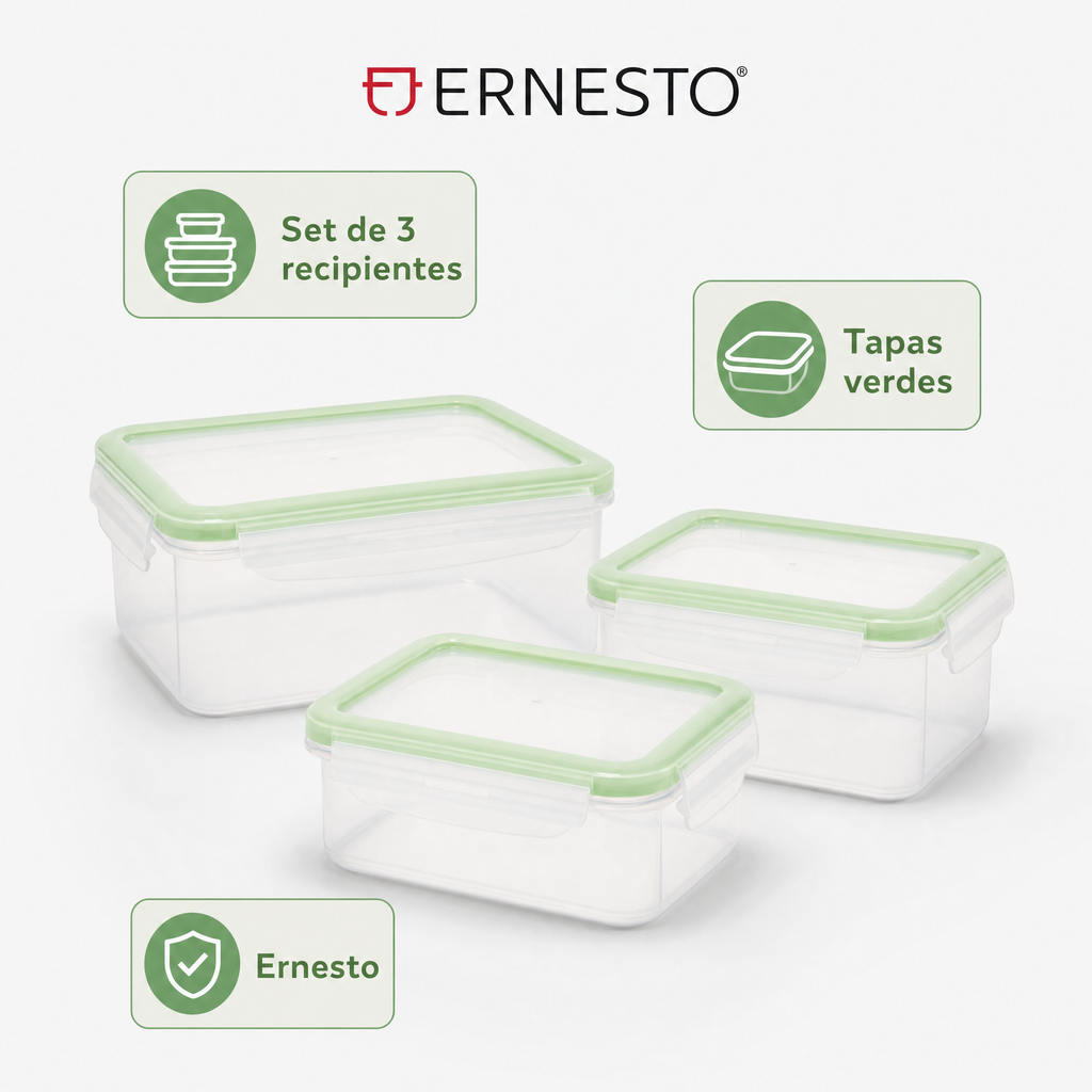 Ernesto Set de 3 recipientes herméticos libre de BPA, tapa verde, aptos para lavavajillas