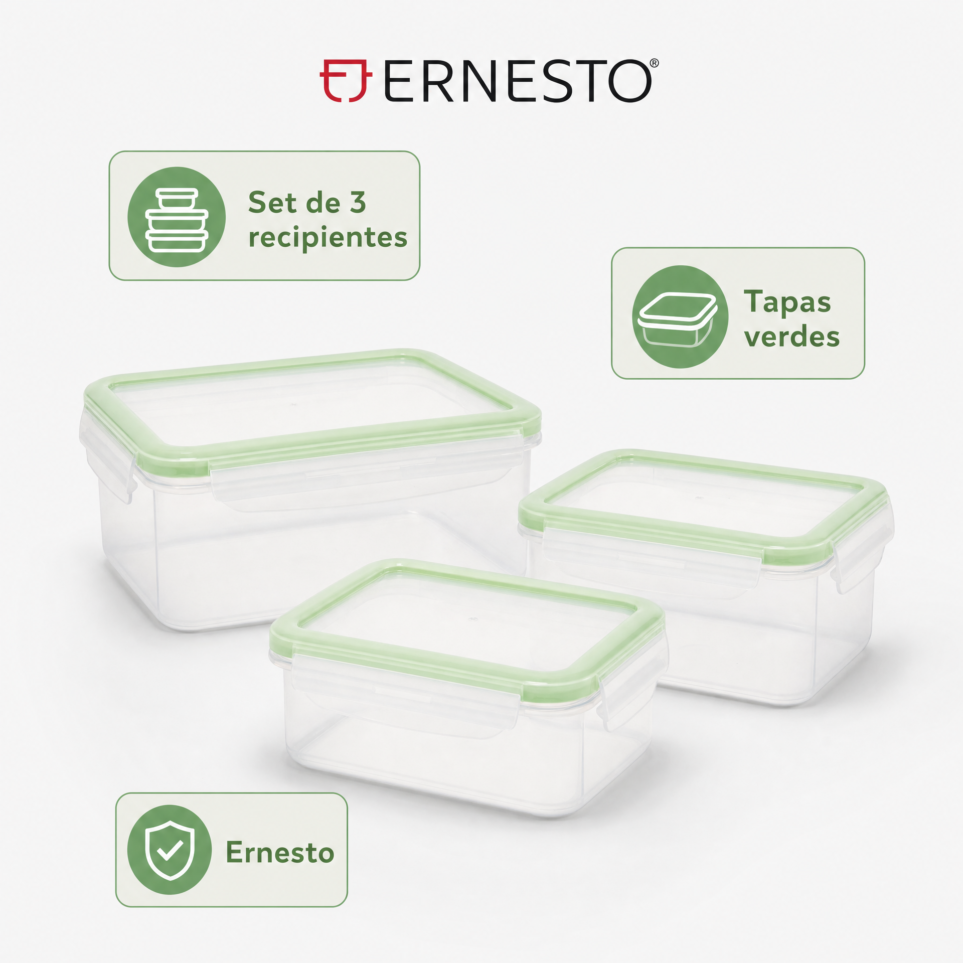 Ernesto Set de 3 recipientes herméticos libre de BPA, tapa verde, aptos para lavavajillas