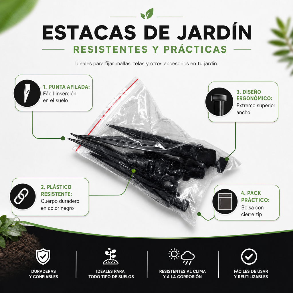 Estacas negras para jardín con punta afilada — pack en bolsa