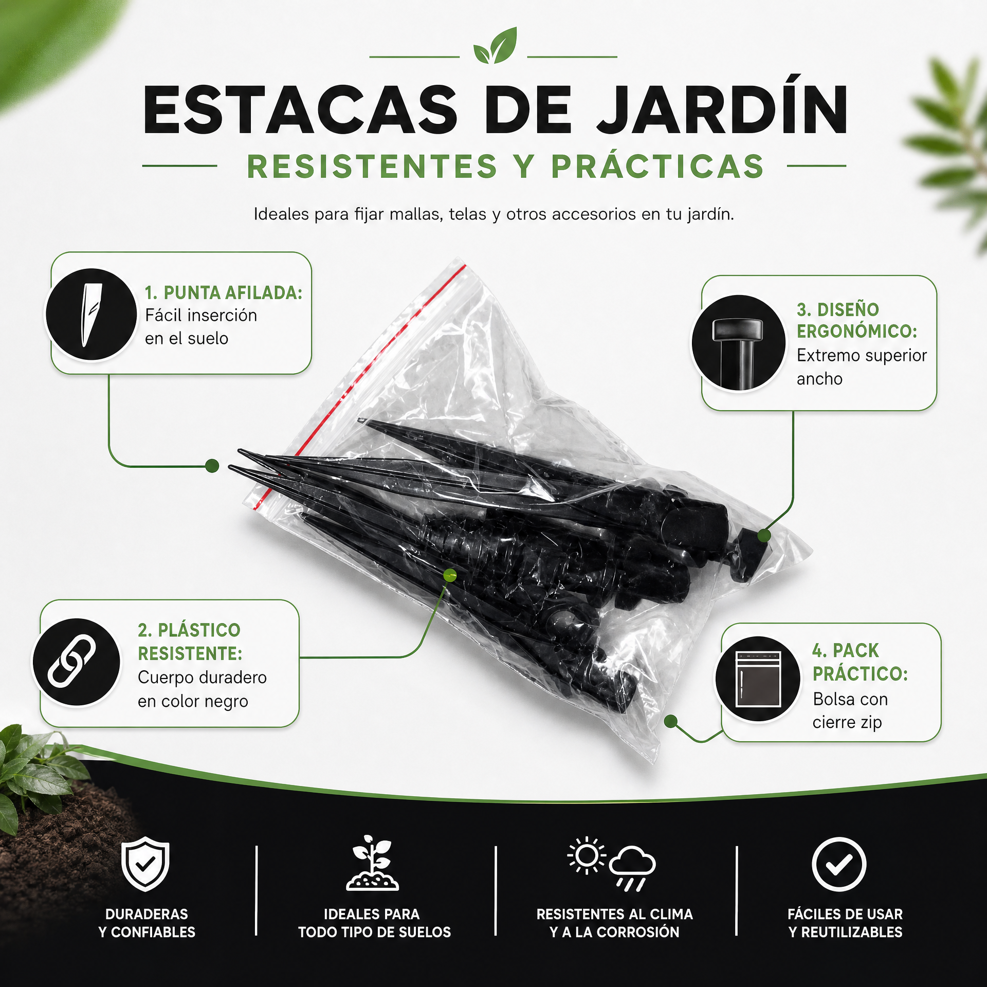 Estacas negras para jardín con punta afilada — pack en bolsa