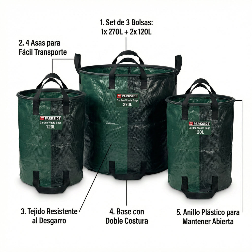 Set 3 Bolsas Residuos Jardín Parkside (270L + 2x120L)