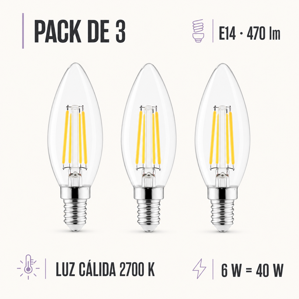 Pack 3 Bombillas LED E14 Vela LIVARNO HOME 6W (40W) 470 lm Luz Cálida