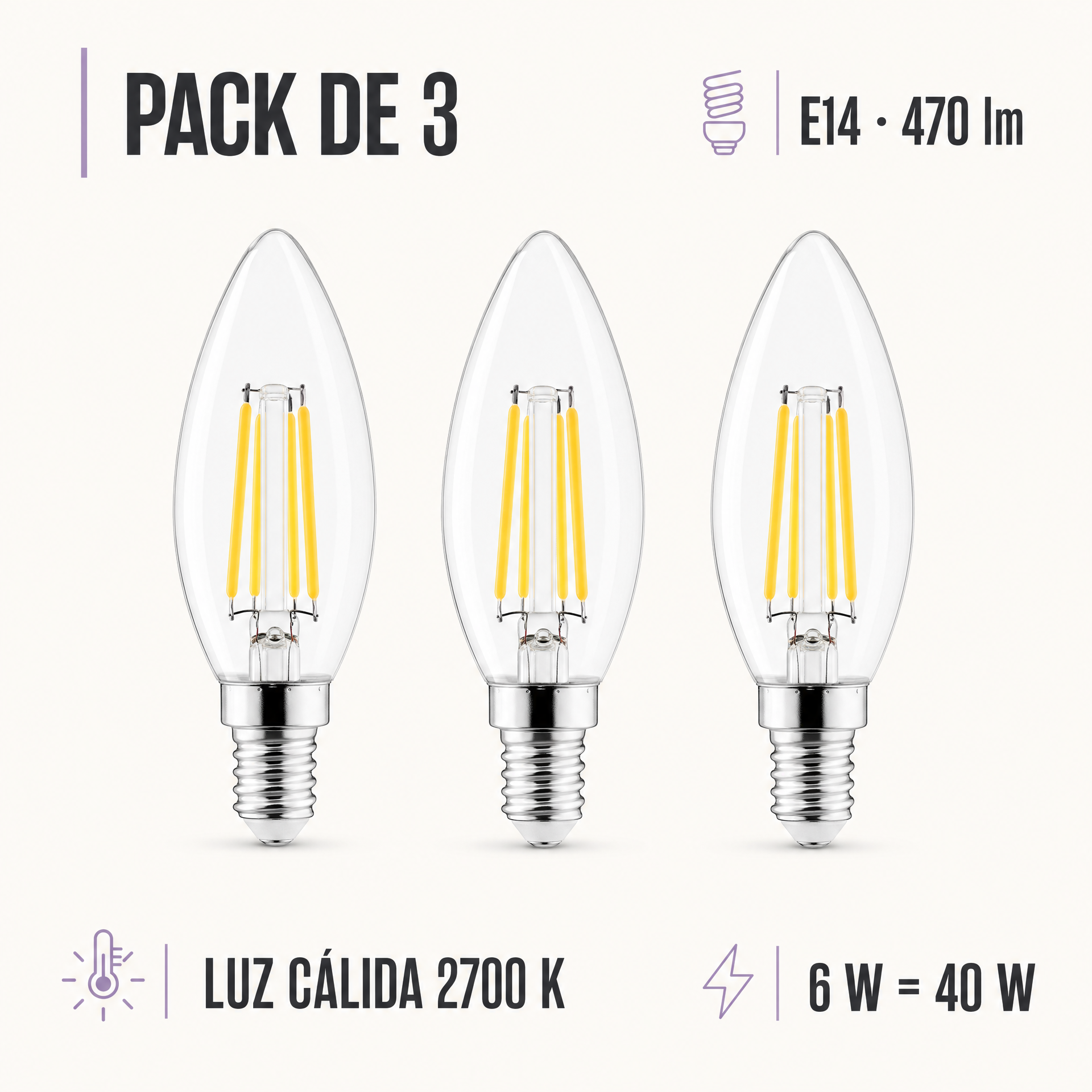 Pack 3 Bombillas LED E14 Vela LIVARNO HOME 6W (40W) 470 lm Luz Cálida
