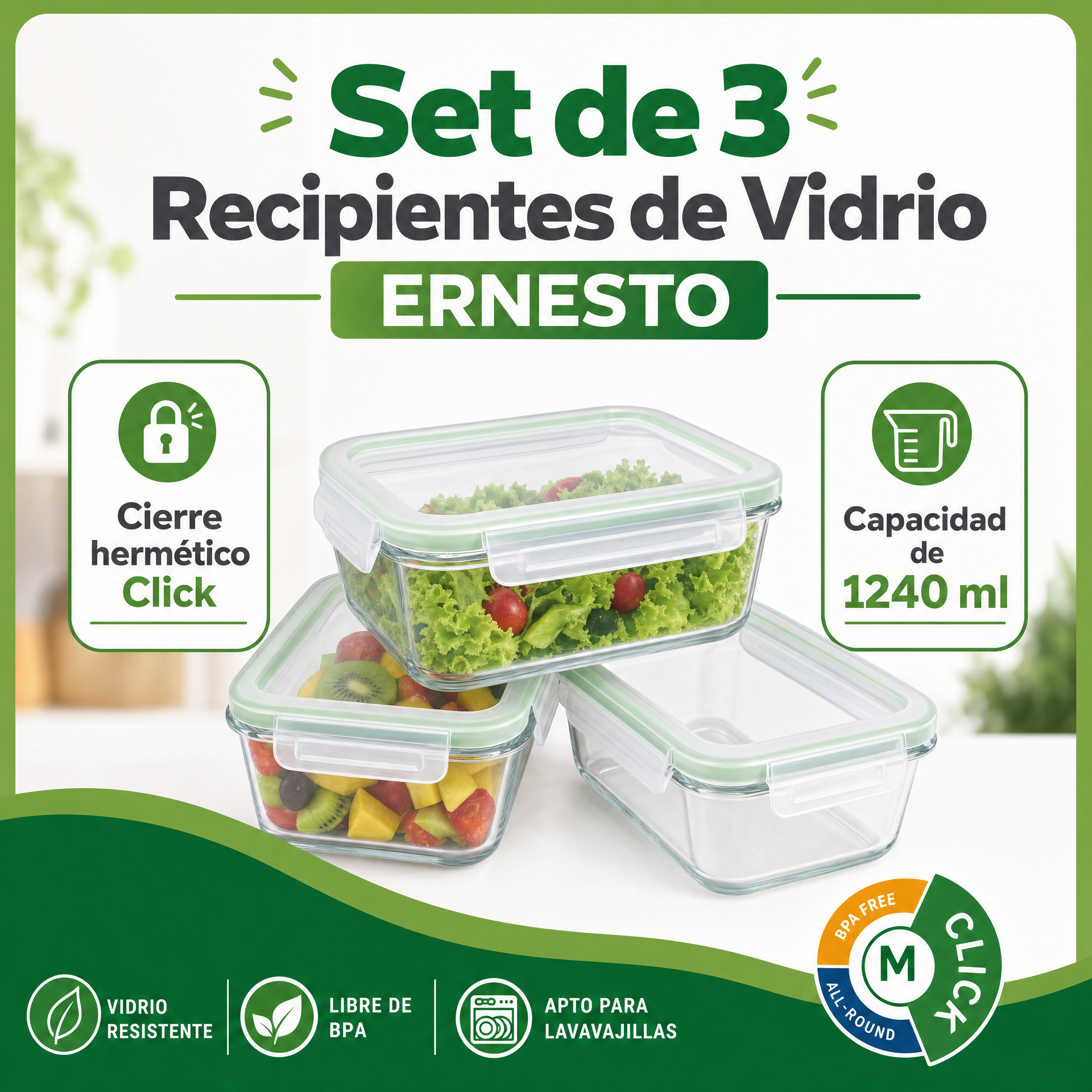 Set de 3 Recipientes Herméticos de Vidrio ERNESTO
