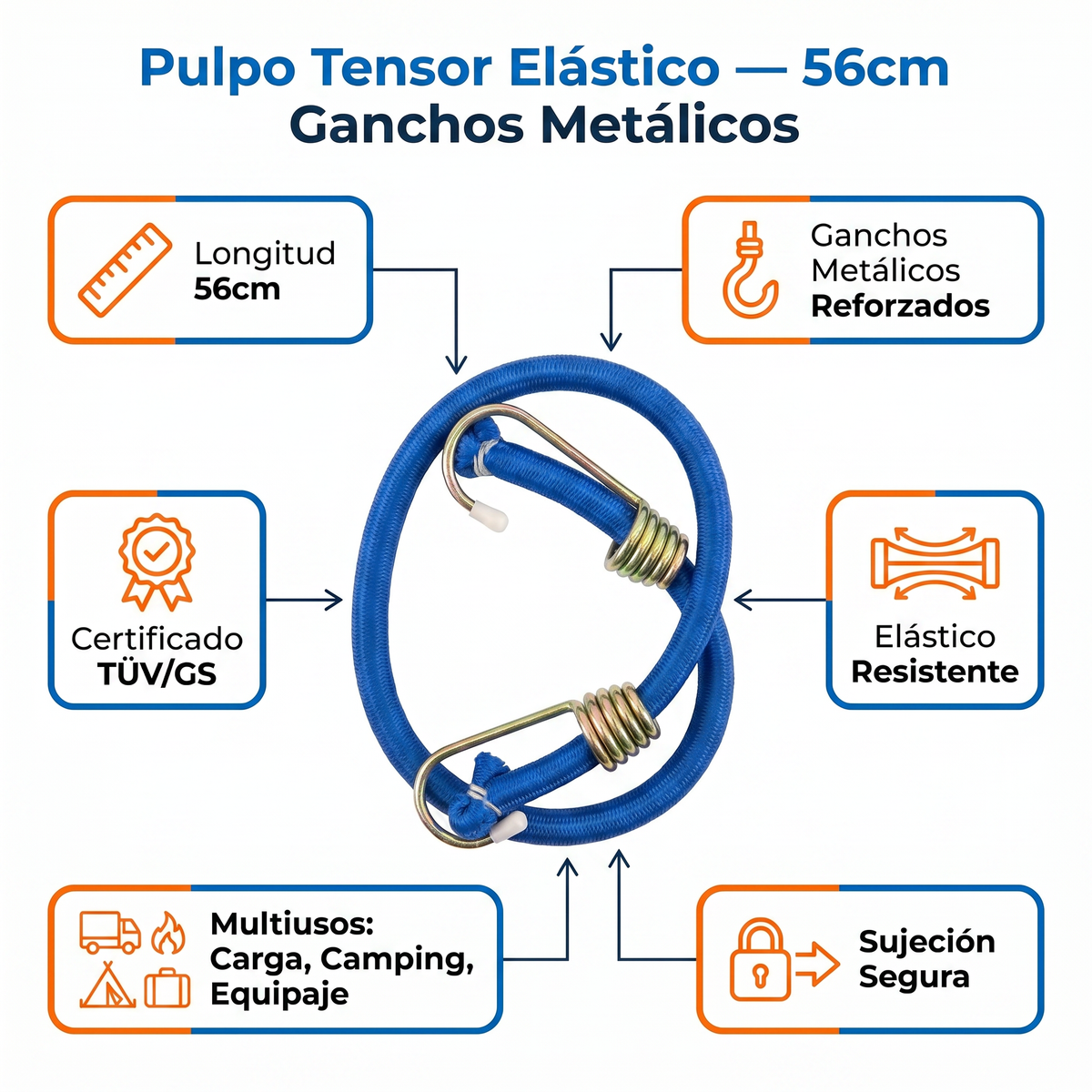 Pulpo Tensor Elástico — 56cm Azul con Ganchos Metálicos Certificado TÜV
