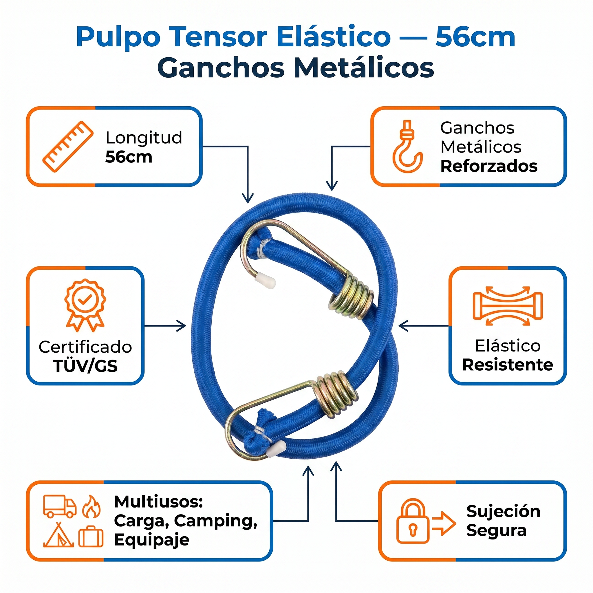 Pulpo Tensor Elástico — 56cm Azul con Ganchos Metálicos Certificado TÜV