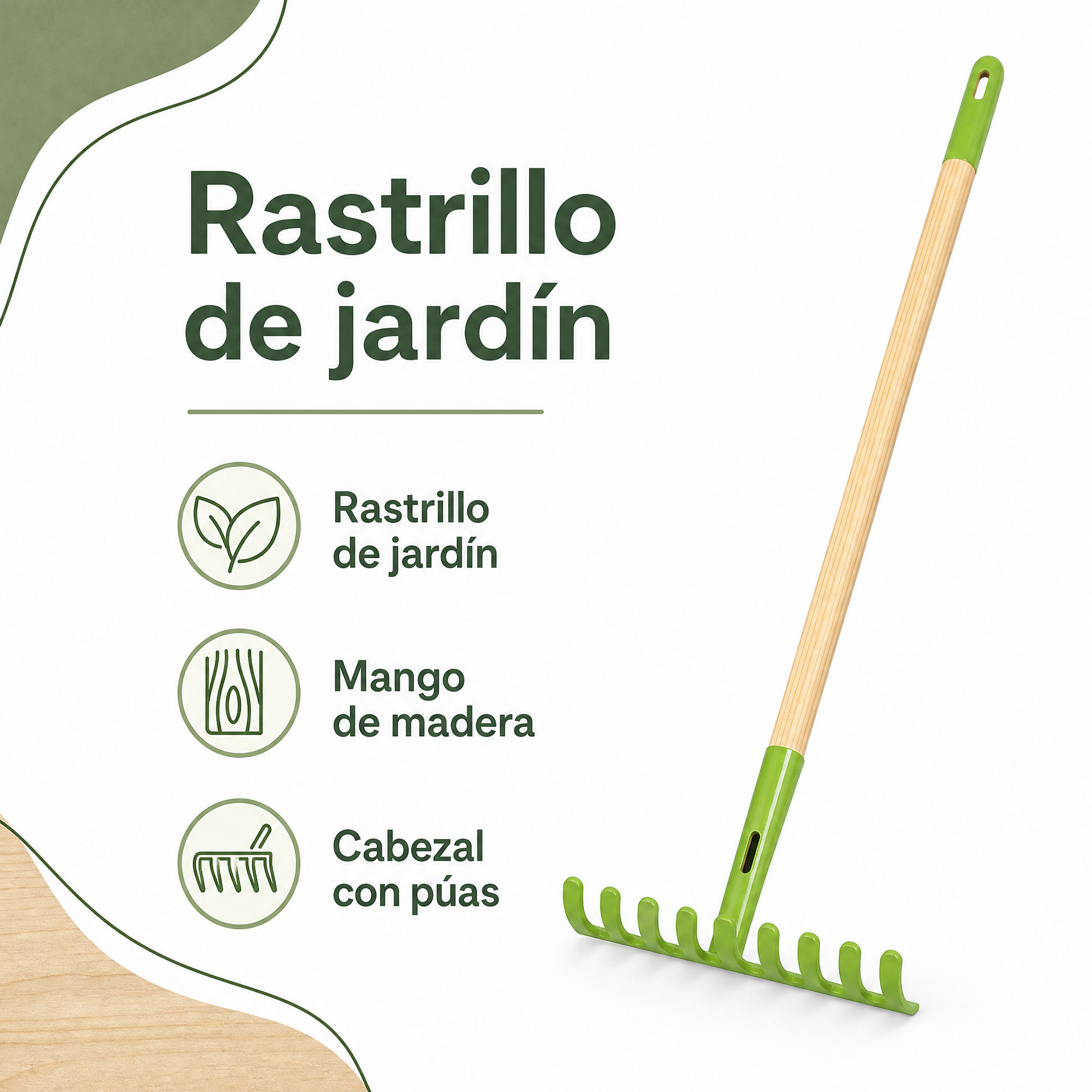 Rastrillo de jardín con mango de madera y cabezal verde de púas