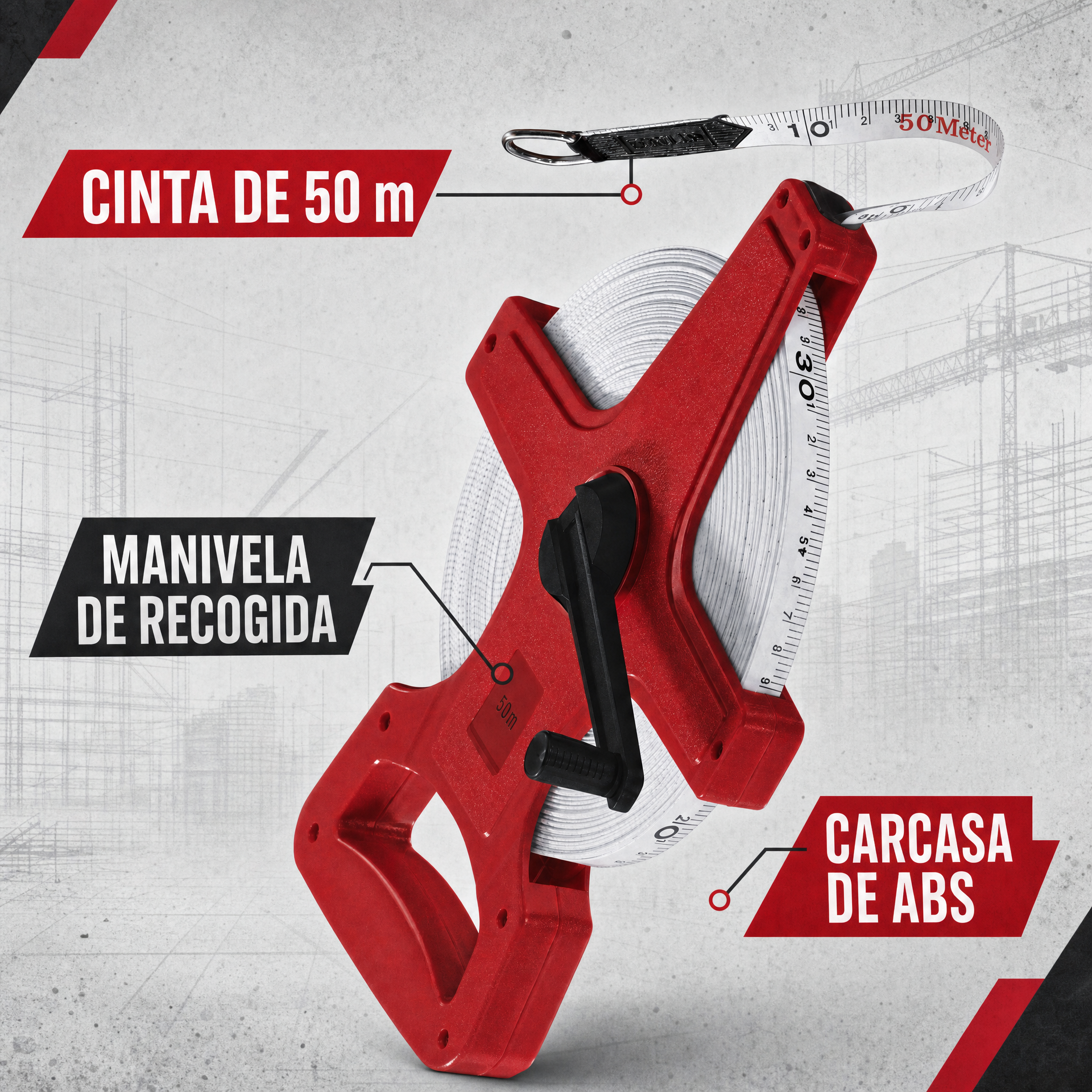 Cinta Métrica Parkside 50 m Roja con Manivela