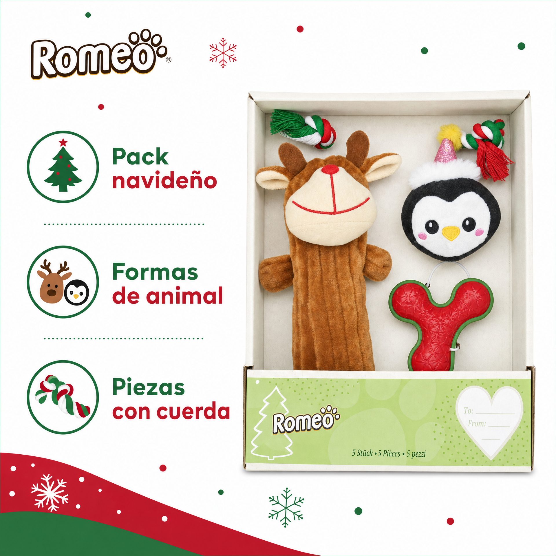 Romeo Pack de juguetes navideños para mascota con formas de animal y cuerda