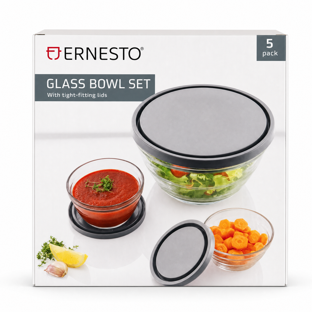 Ernesto set de 5 cuencos de vidrio transparentes con tapas herméticas apilables