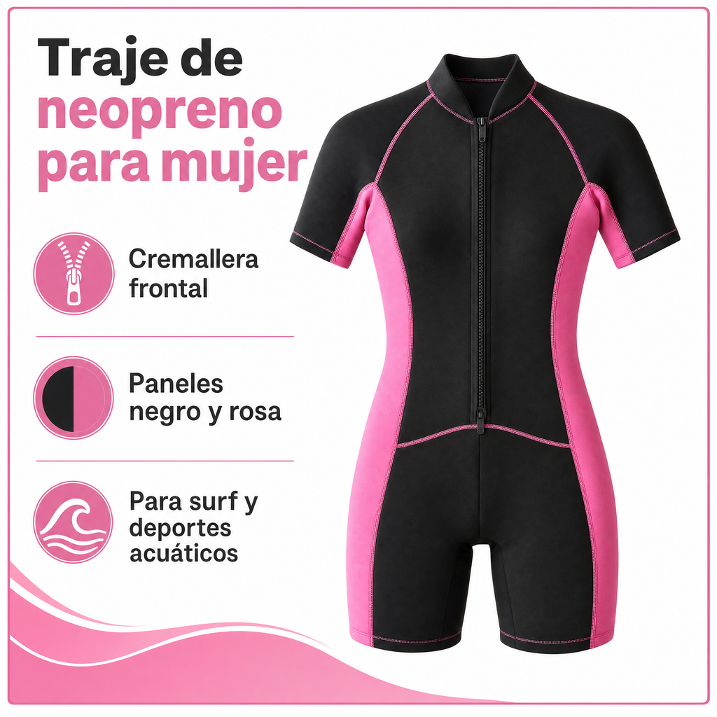 Traje de Neopreno Mujer Negro y Rosa con Cremallera Frontal