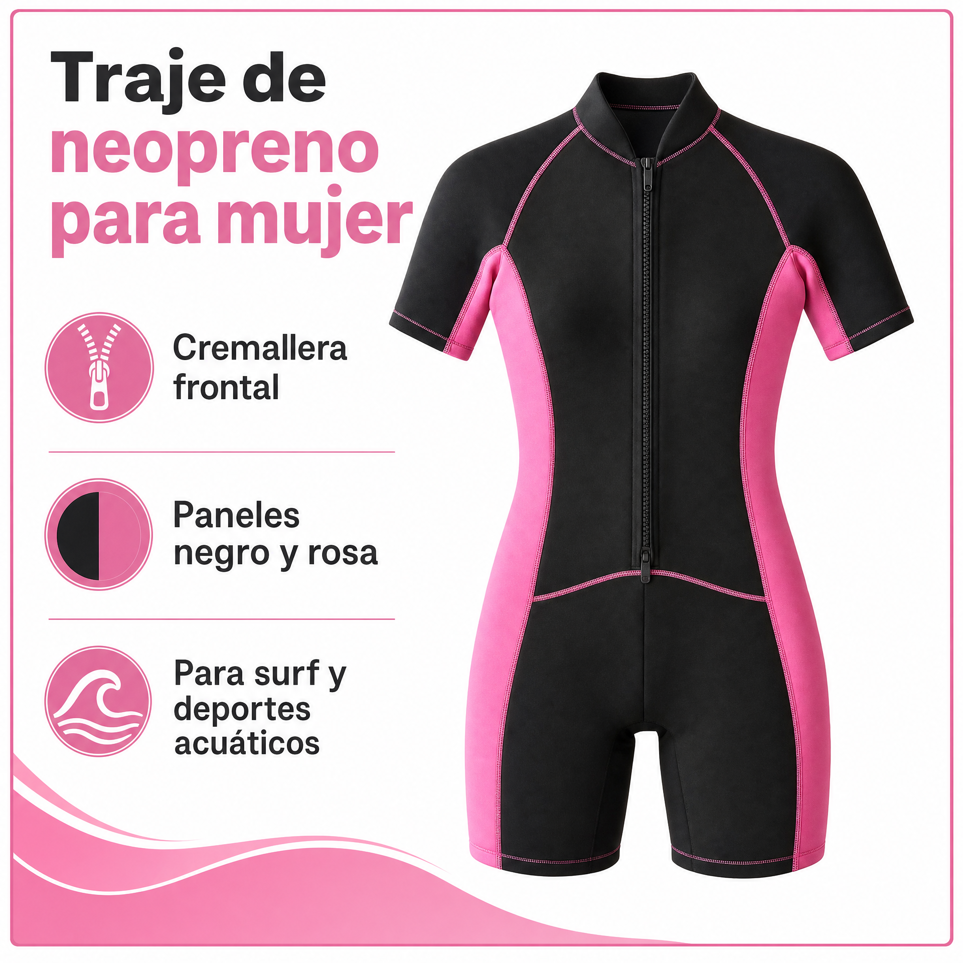 Traje de Neopreno Mujer Negro y Rosa con Cremallera Frontal