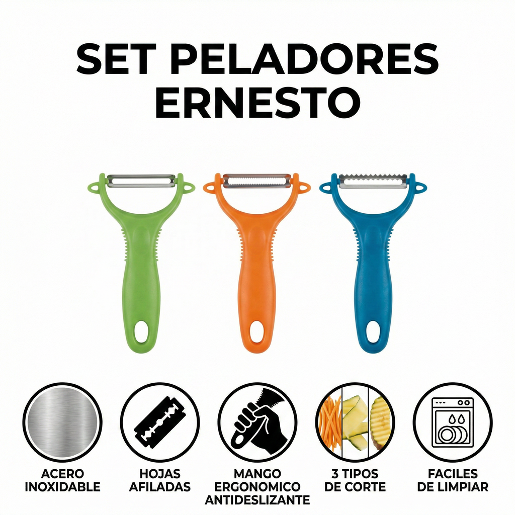 Set Peladores Ernesto 3 Piezas Acero Inoxidable