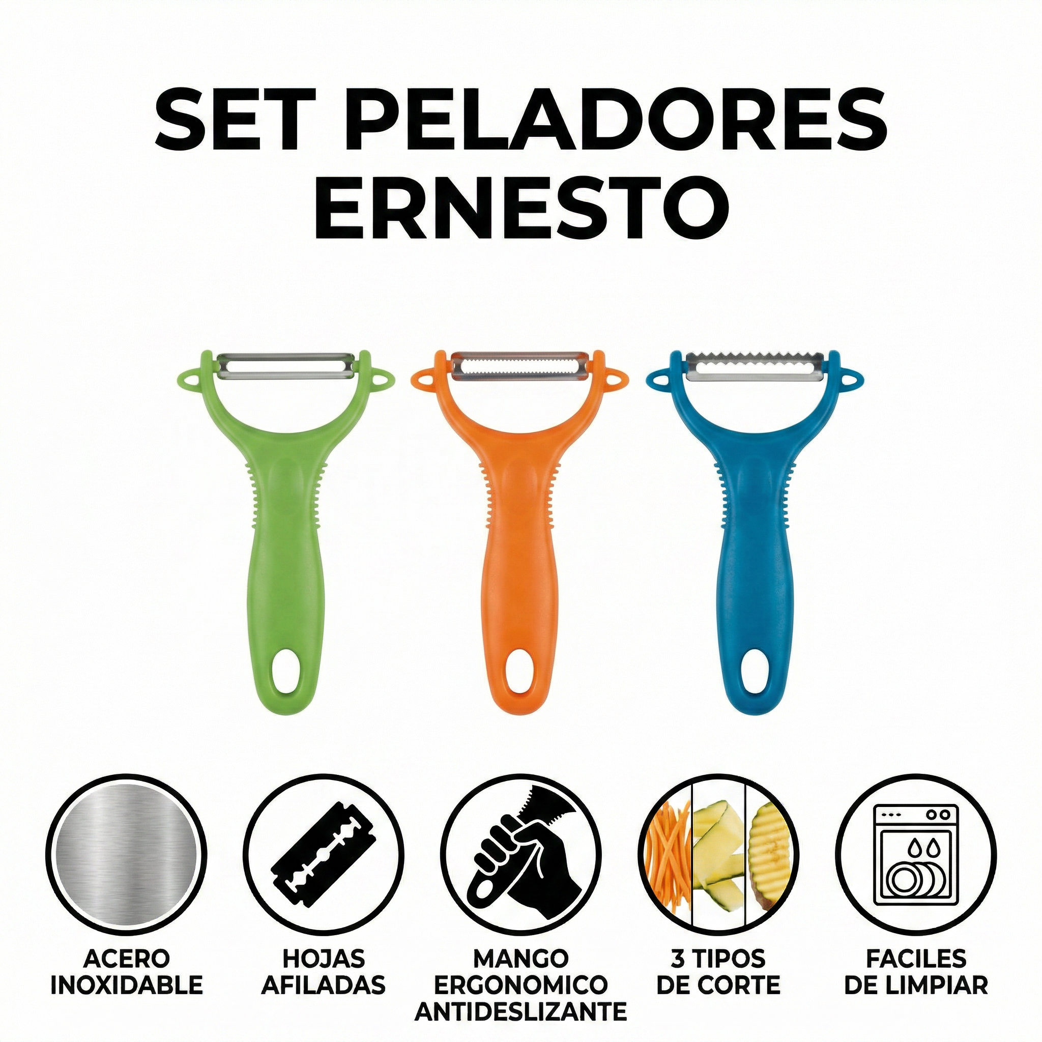 Set Peladores Ernesto 3 Piezas Acero Inoxidable