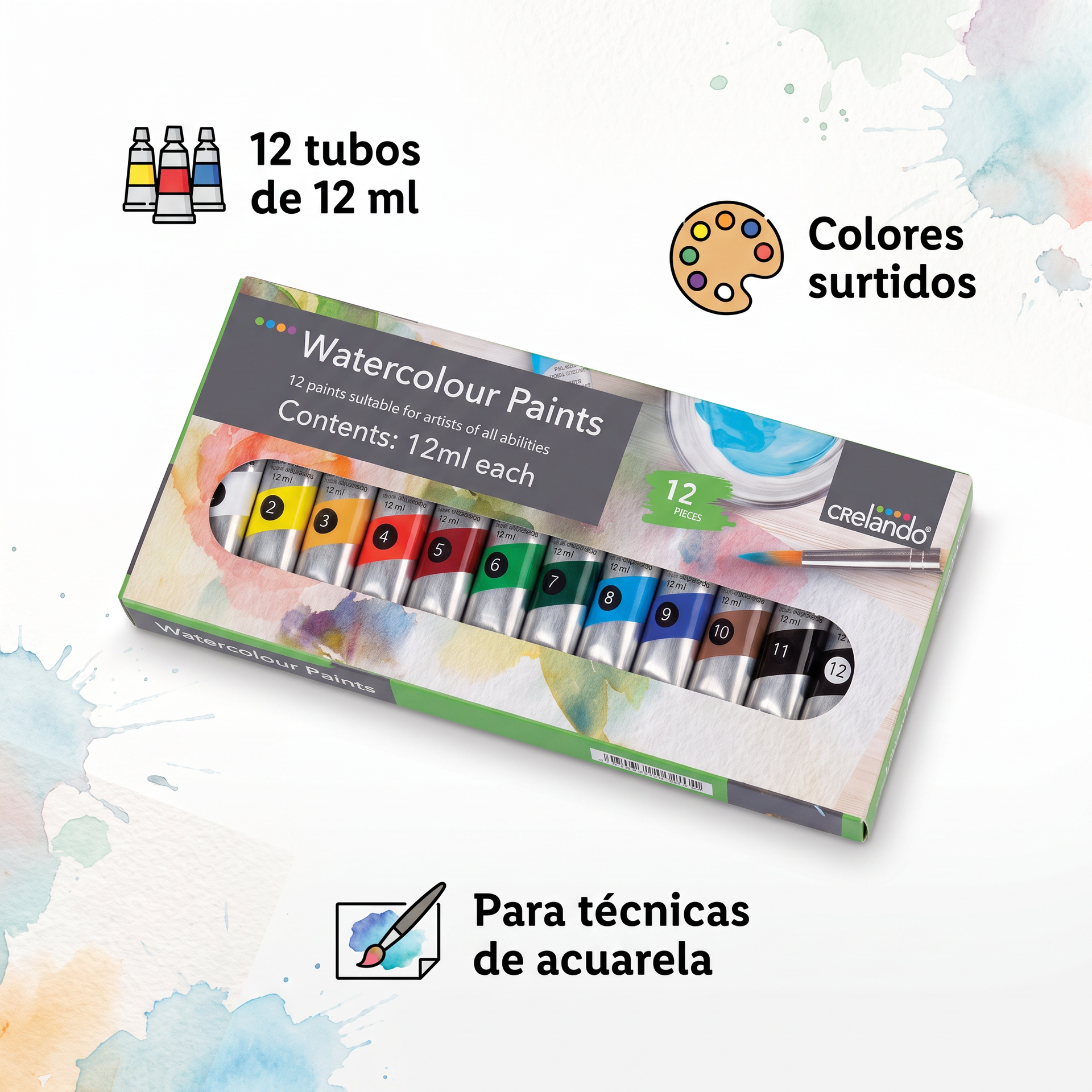 Crelando Set de 12 Pinturas de Acuarela 12 ml