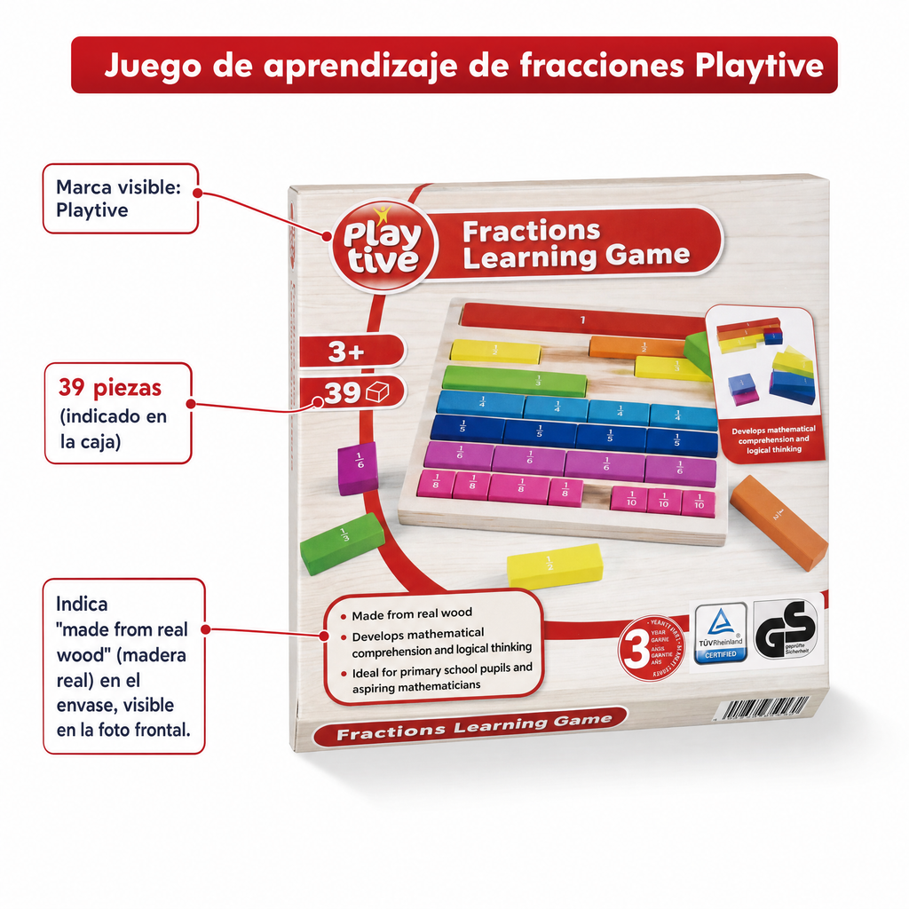 Playtive Juego de fracciones madera real 39 piezas 3+ años