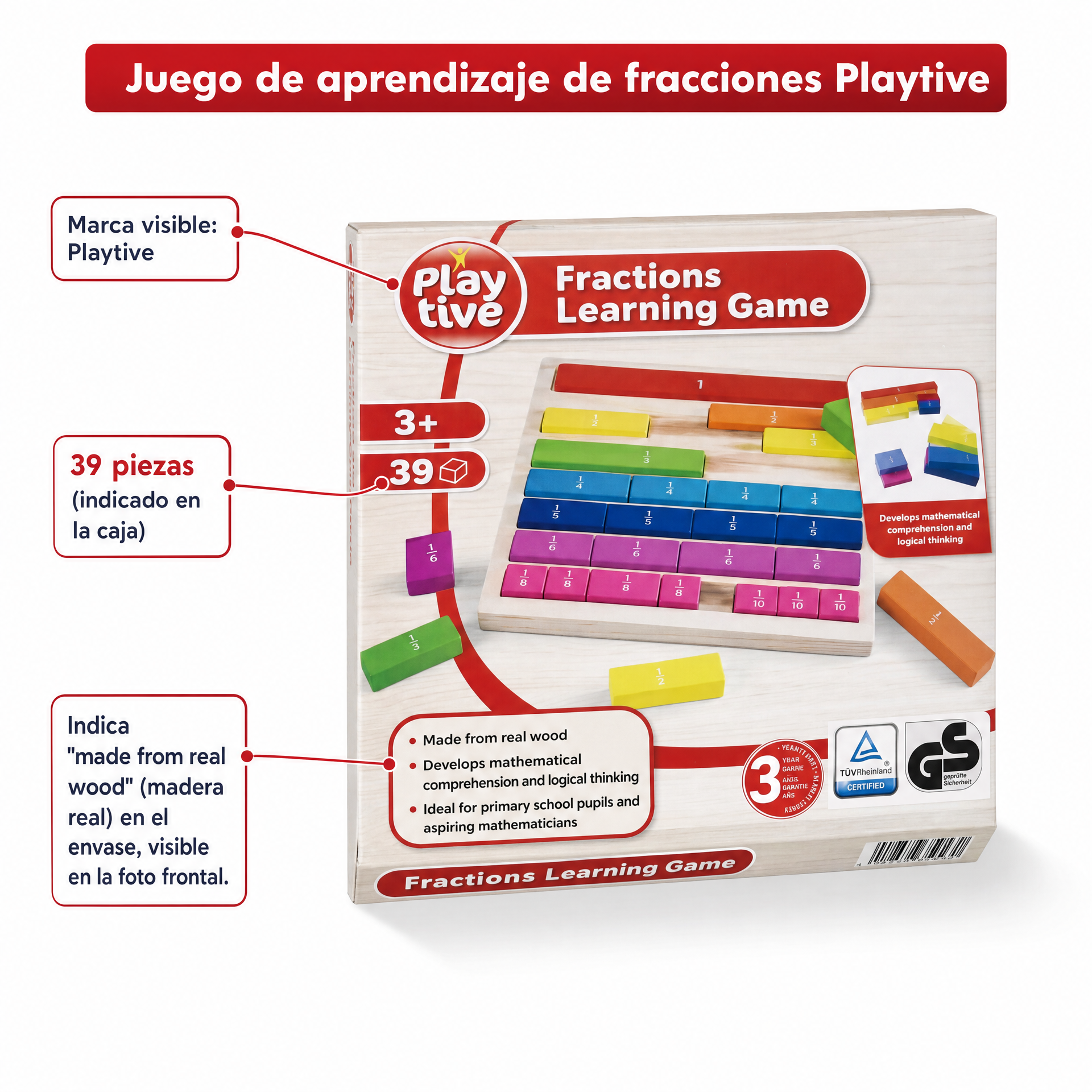 Playtive Juego de fracciones madera real 39 piezas 3+ años