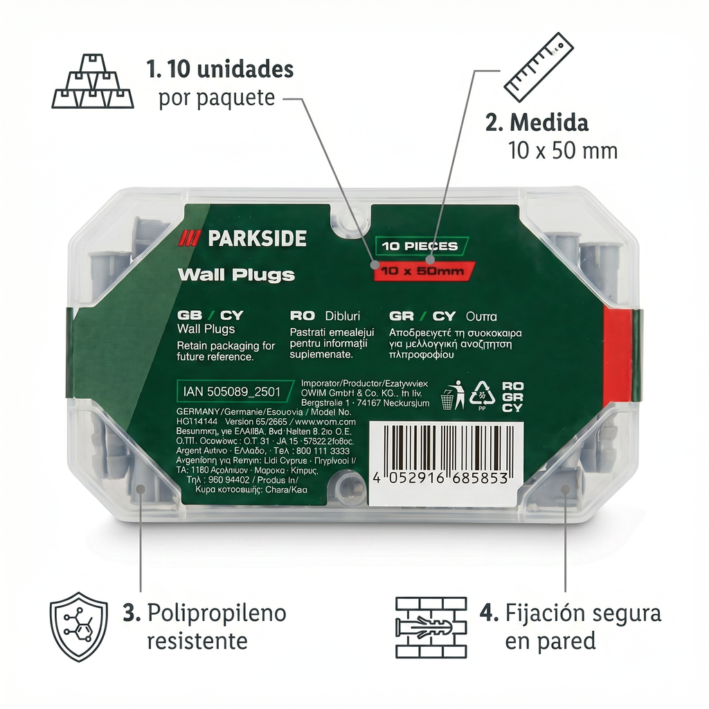 Tacos de Pared 10x50mm Parkside 10 uds