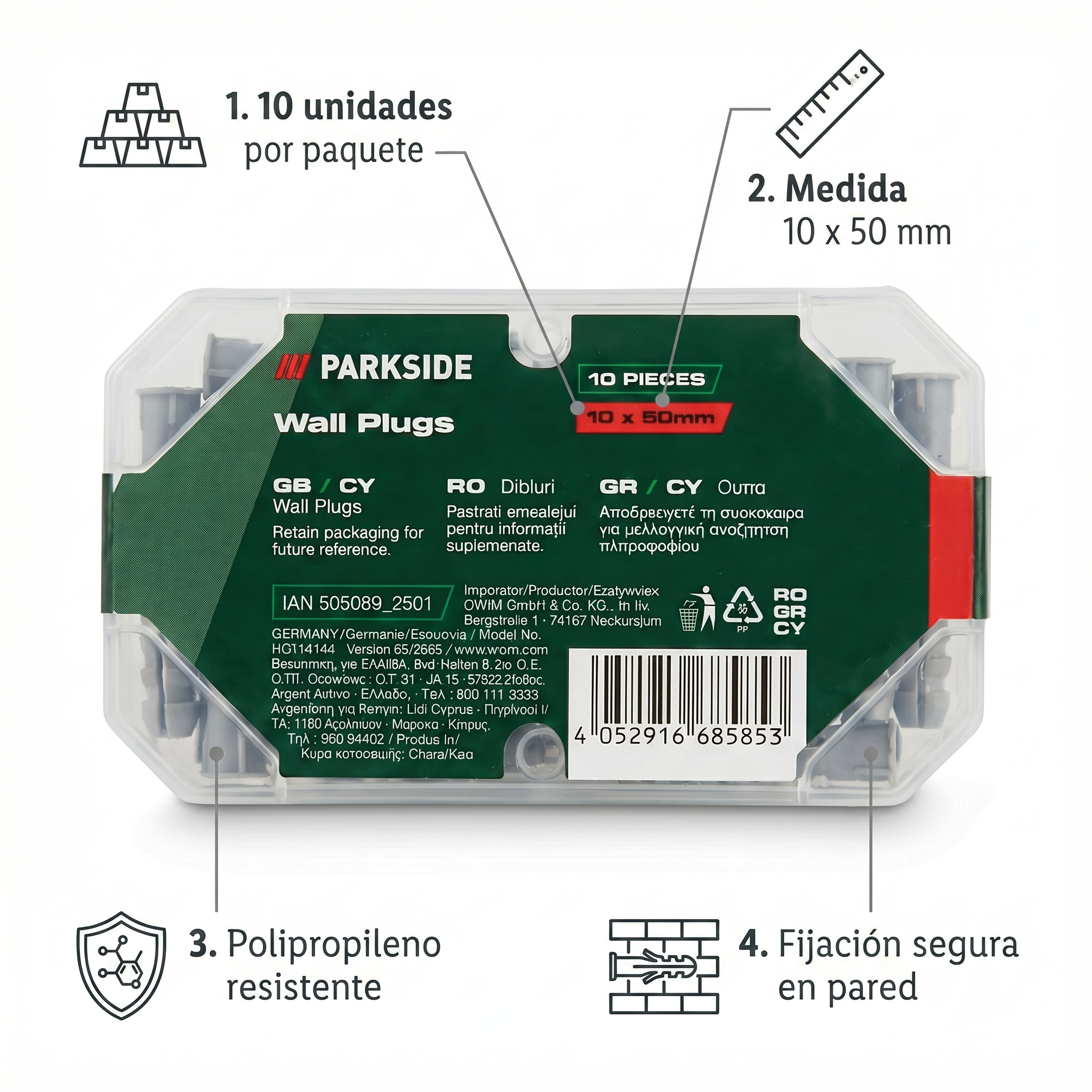 Tacos de Pared 10x50mm Parkside 10 uds