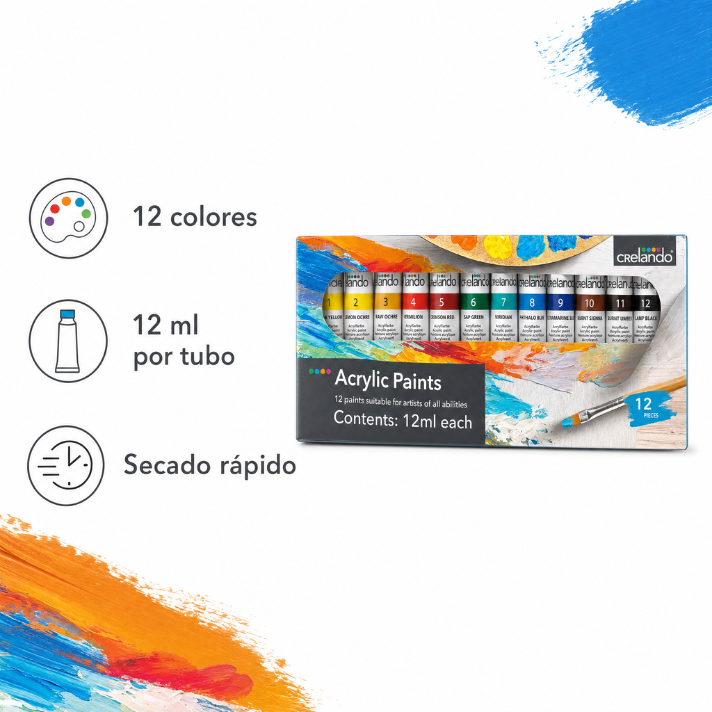 Crelando Set de 12 Pinturas Acrílicas de 12 ml