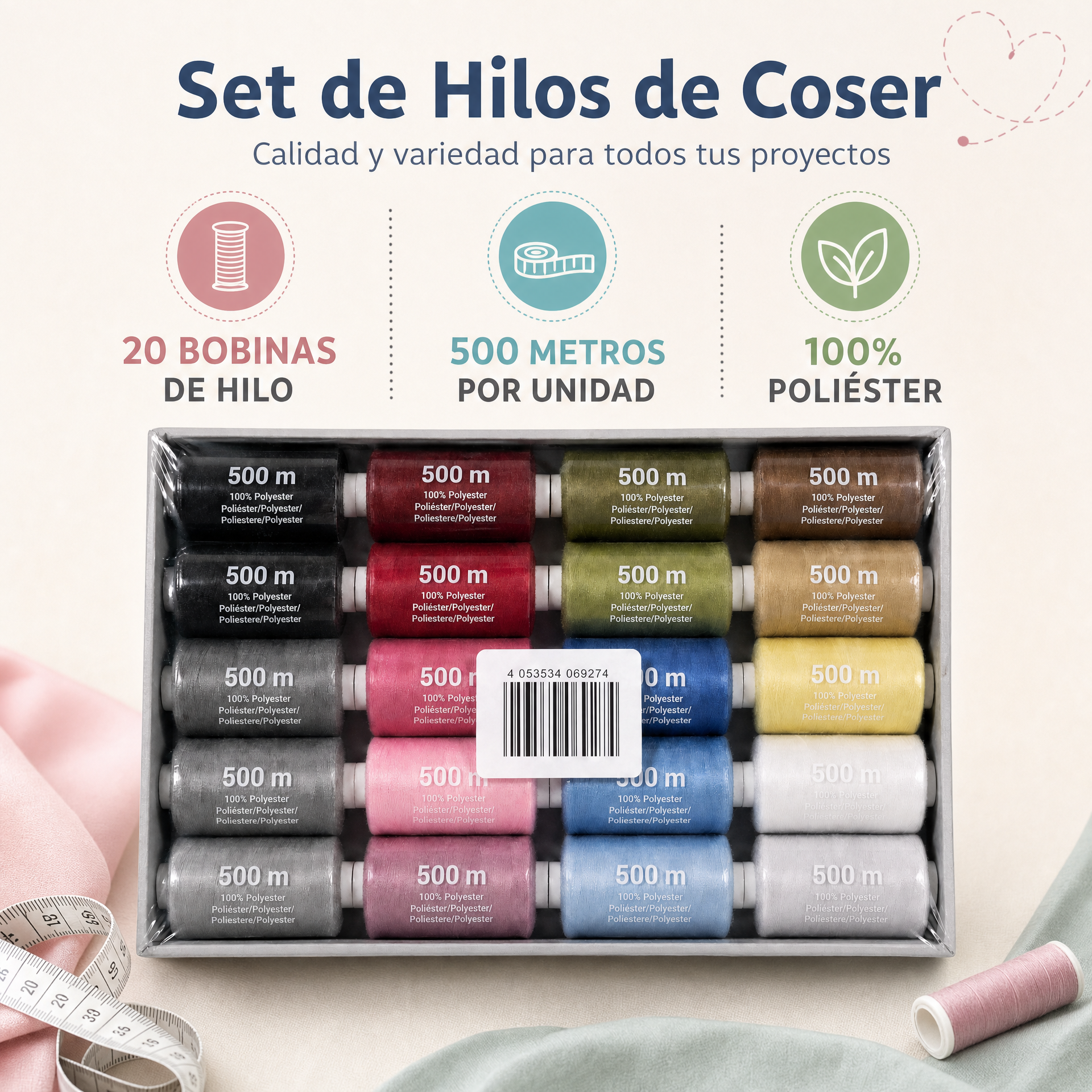 Caja de bobinas de hilo de coser, colores surtidos, varias marcadas 500 m