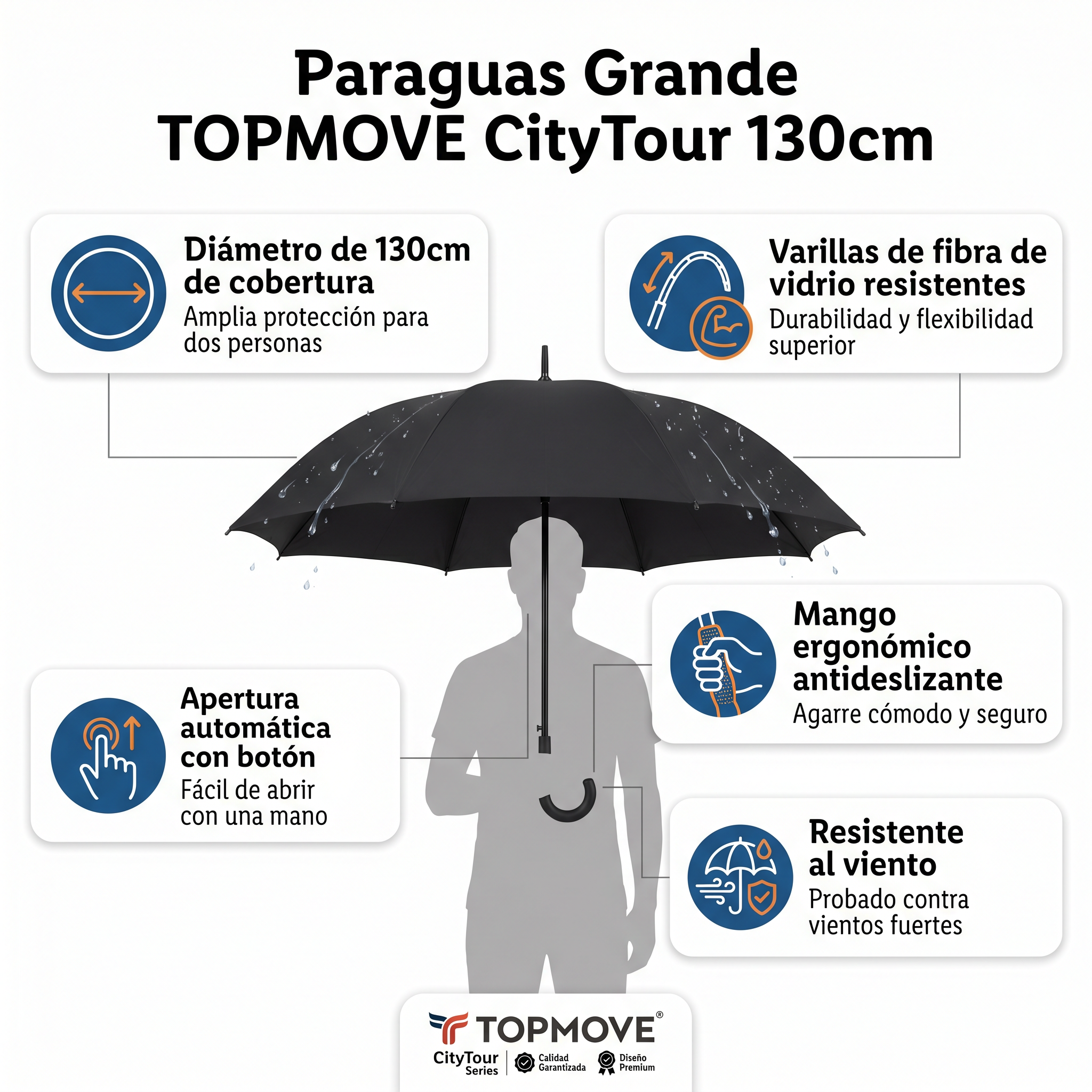 Paraguas Grande TOPMOVE CityTour — 130cm Negro
