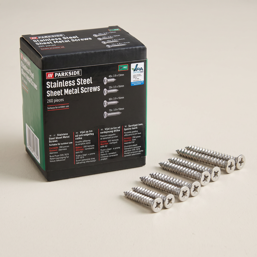 Parkside Tornillos de Acero Inoxidable para Chapa 260 Piezas