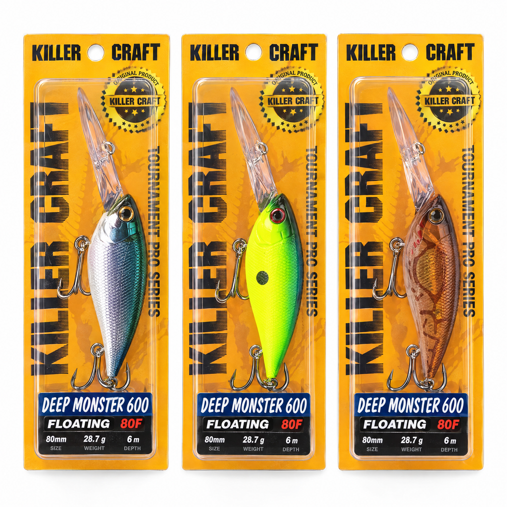 Killer Craft Deep Monster 600 80F, tres colores en sus blísteres — vista sobre fondo blanco