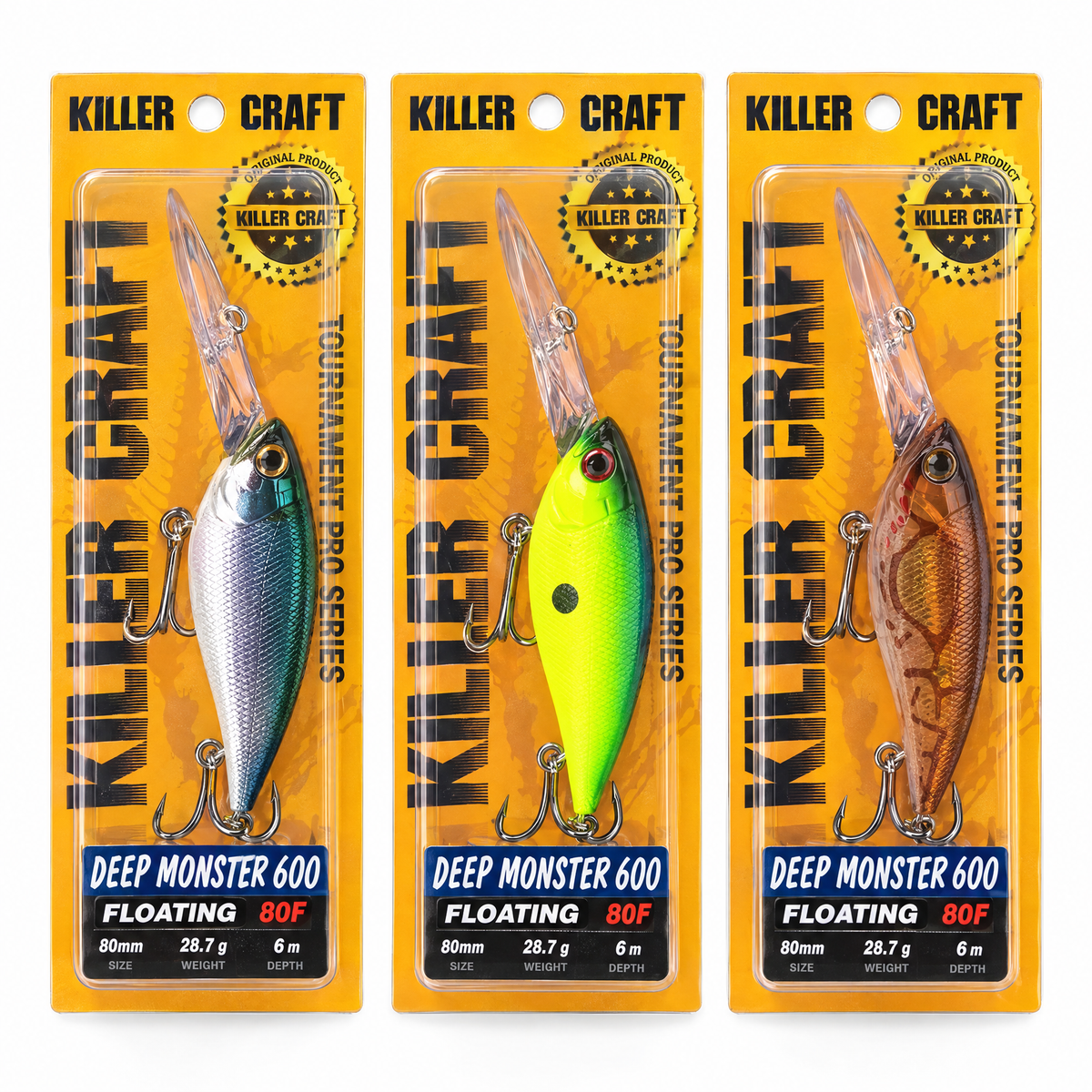 Killer Craft Deep Monster 600 80F, tres colores en sus blísteres — vista sobre fondo blanco