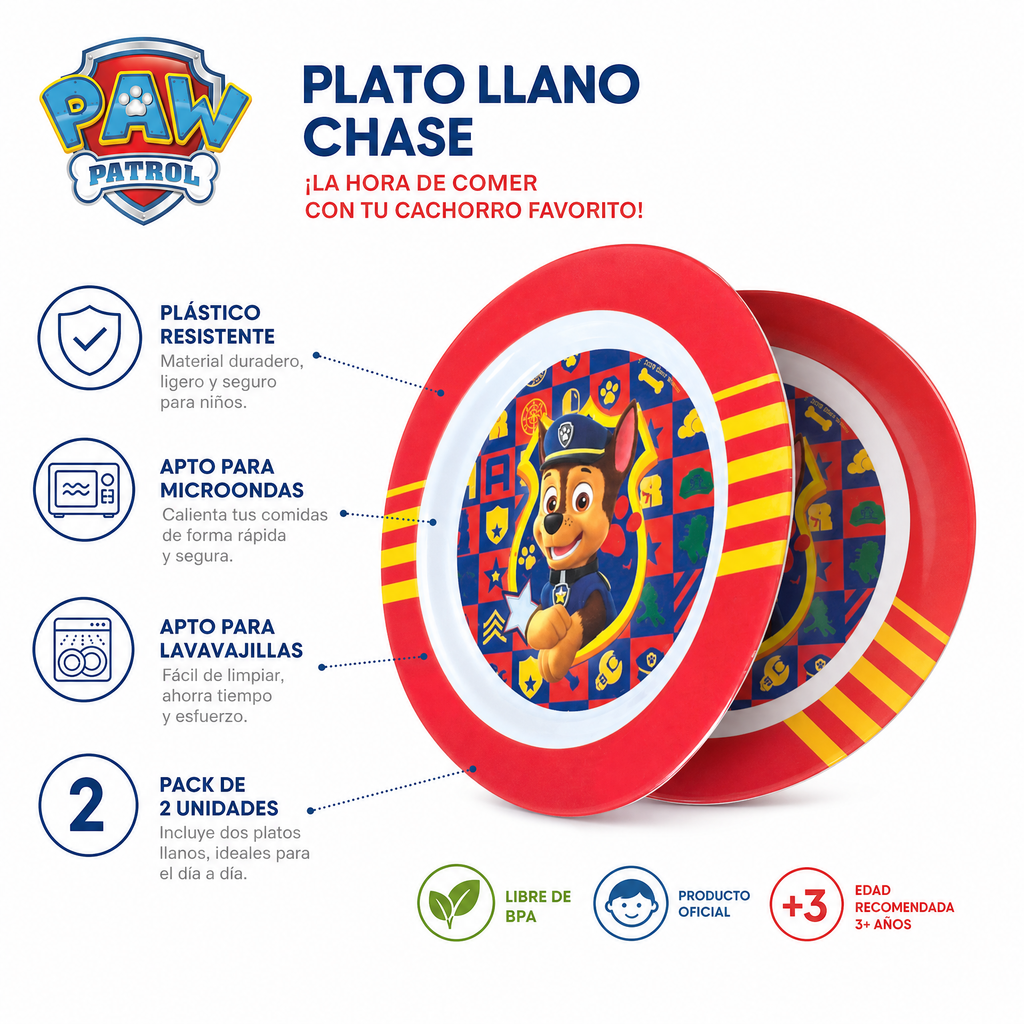 Paw Patrol Plato Llano Infantil Chase (Pack 2)