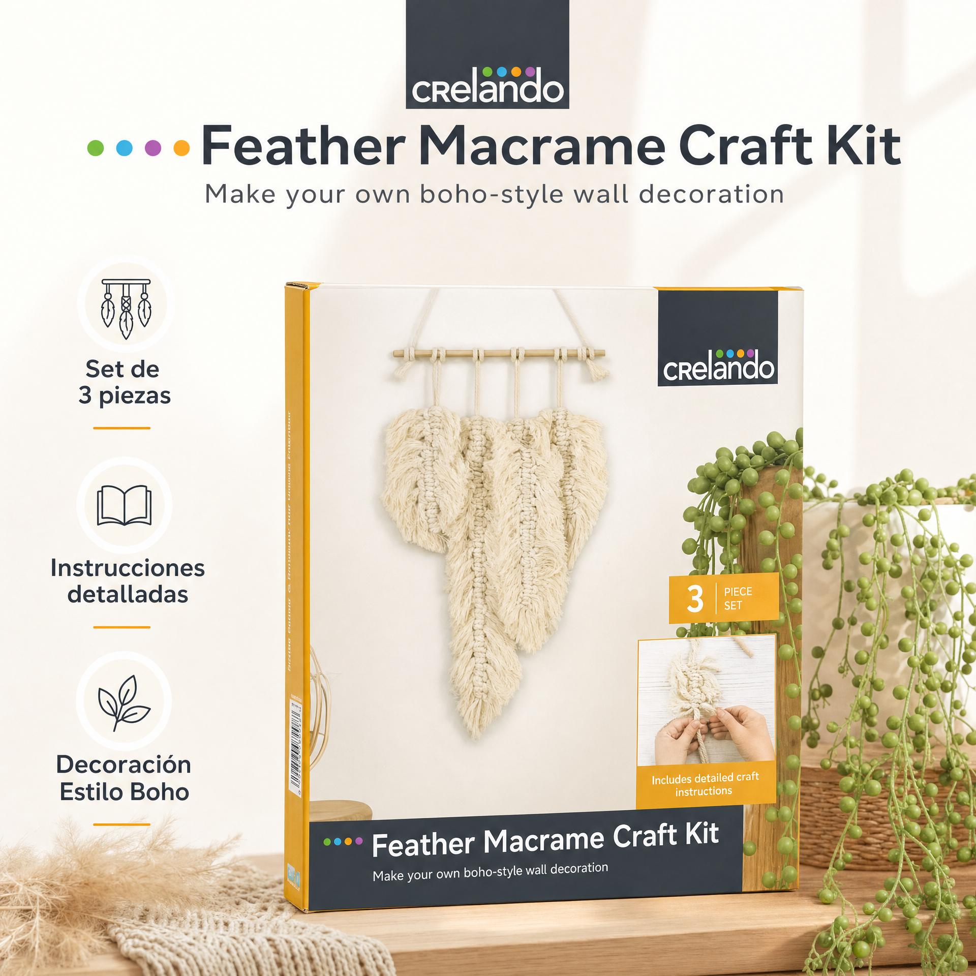 Kit para crear plumas de macramé para decoración de pared con instrucciones detalladas