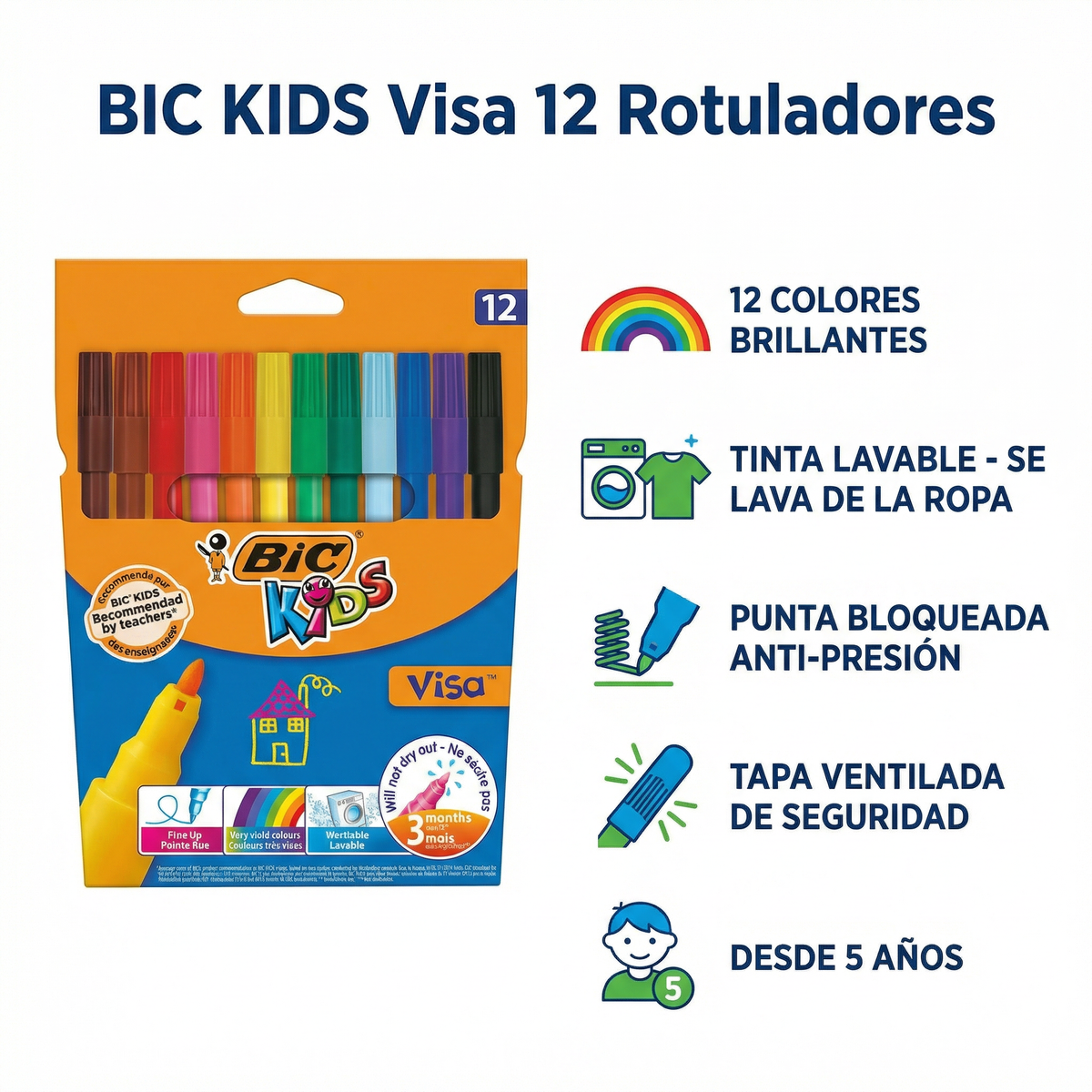 Rotuladores BIC Kids Visa 12 Colores Lavables