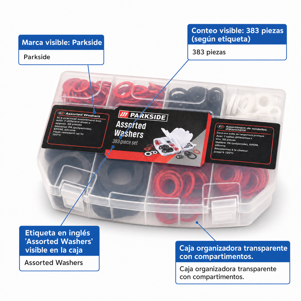 Parkside surtido de 383 arandelas con caja organizadora transparente negro rojo blanco