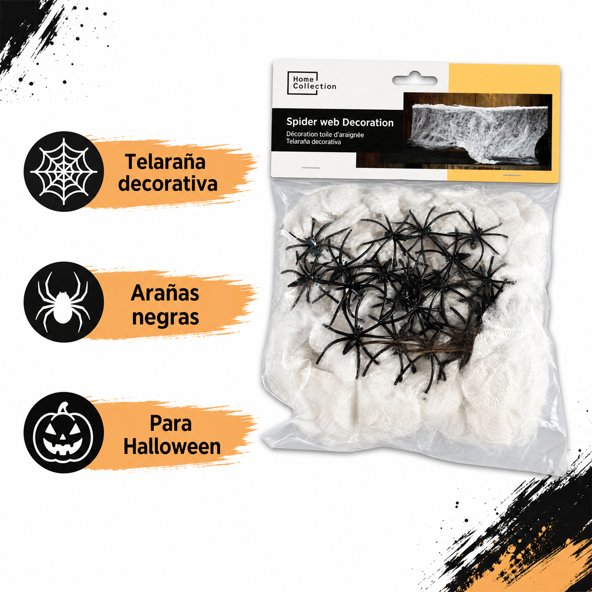 Decoración de Halloween: telaraña blanca con arañas negras