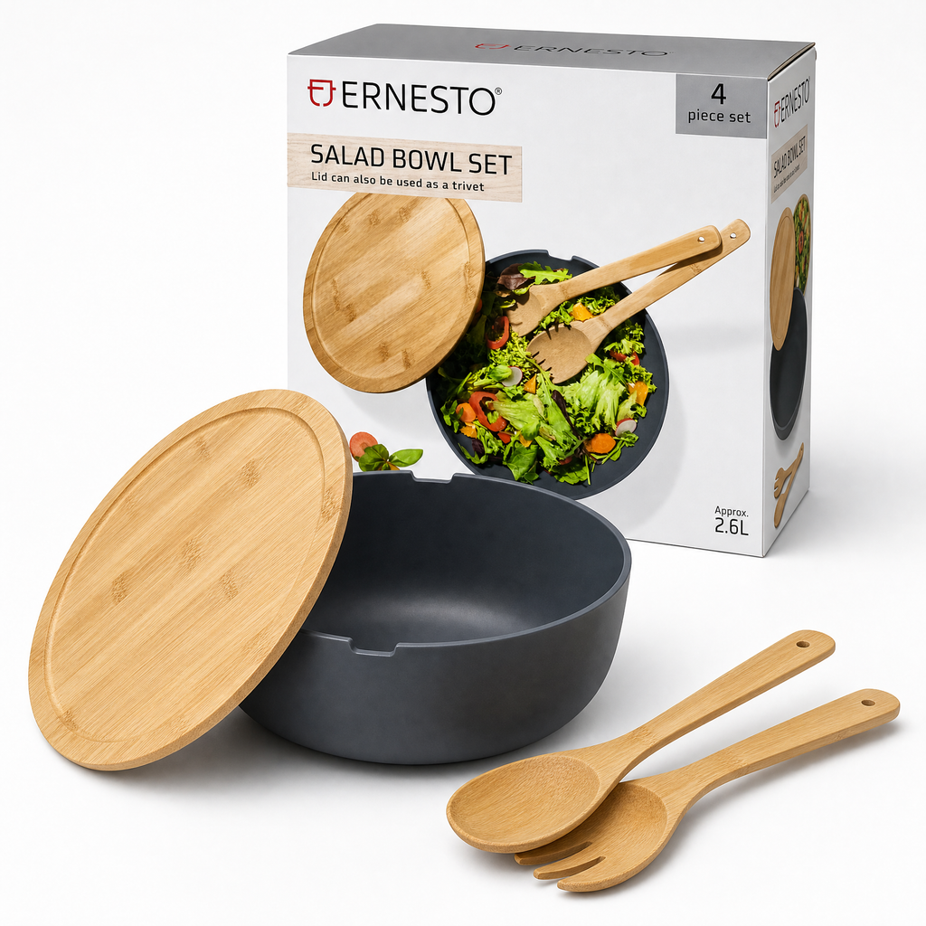 Set de Ensaladera ERNESTO con Tapa y Cubiertos de Madera