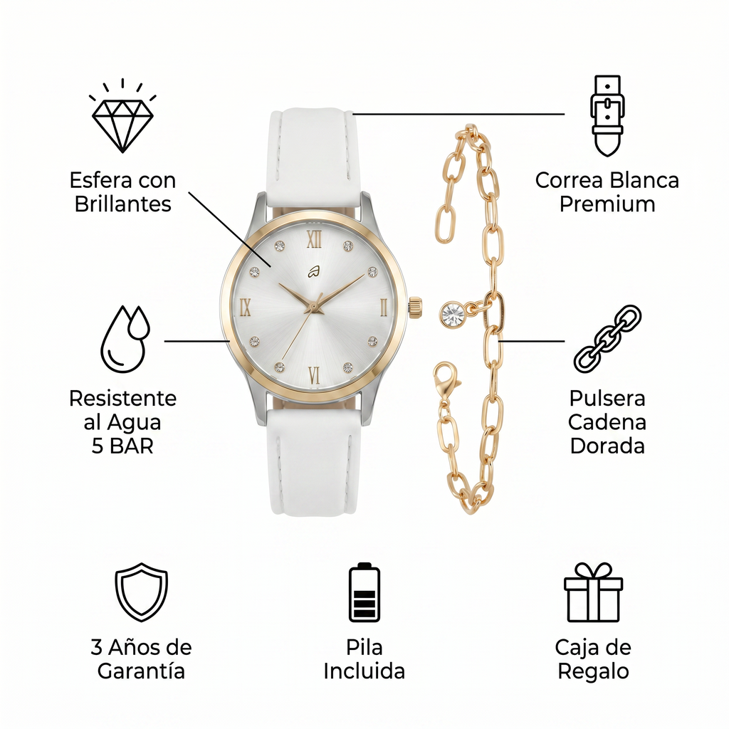 Set Reloj y Pulsera Auriol Mujer Blanco/Plateado — Cadena Dorada + Brillantes