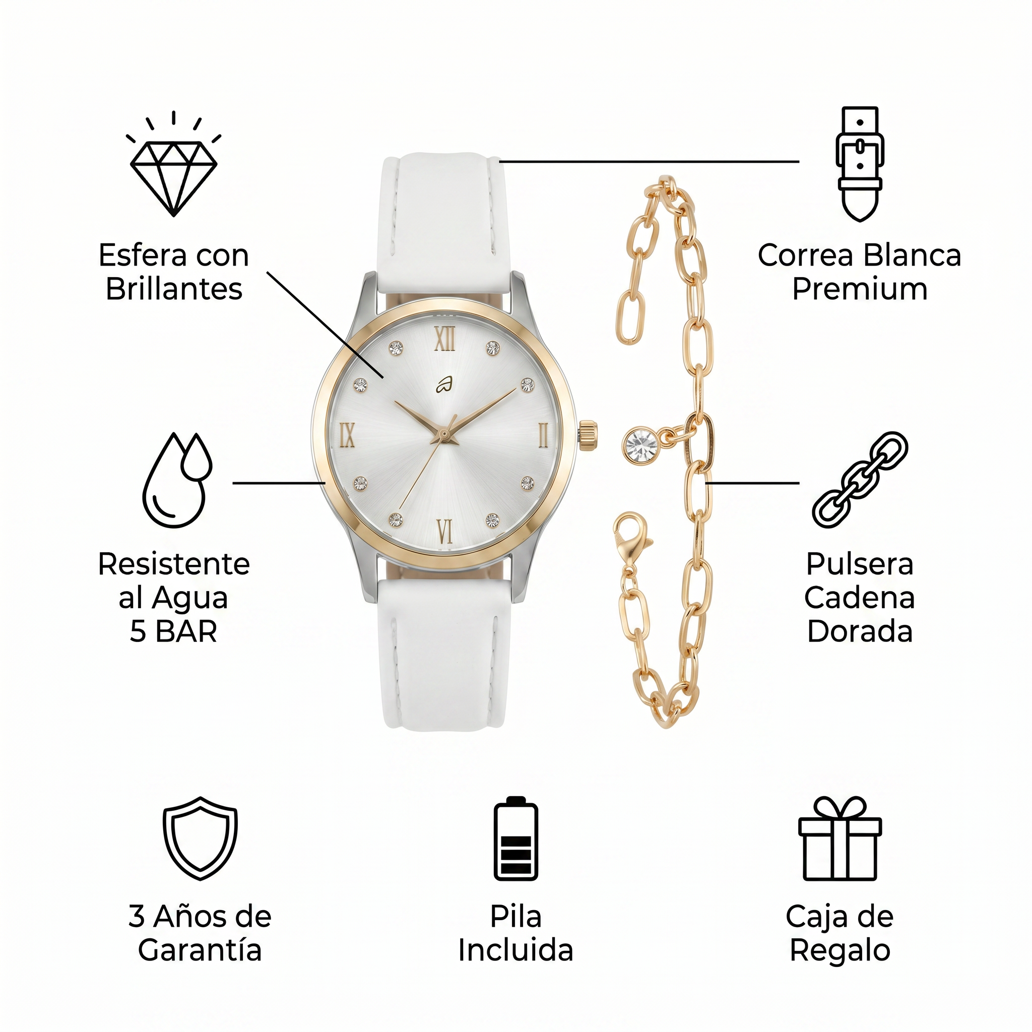 Set Reloj y Pulsera Auriol Mujer Blanco/Plateado — Cadena Dorada + Brillantes
