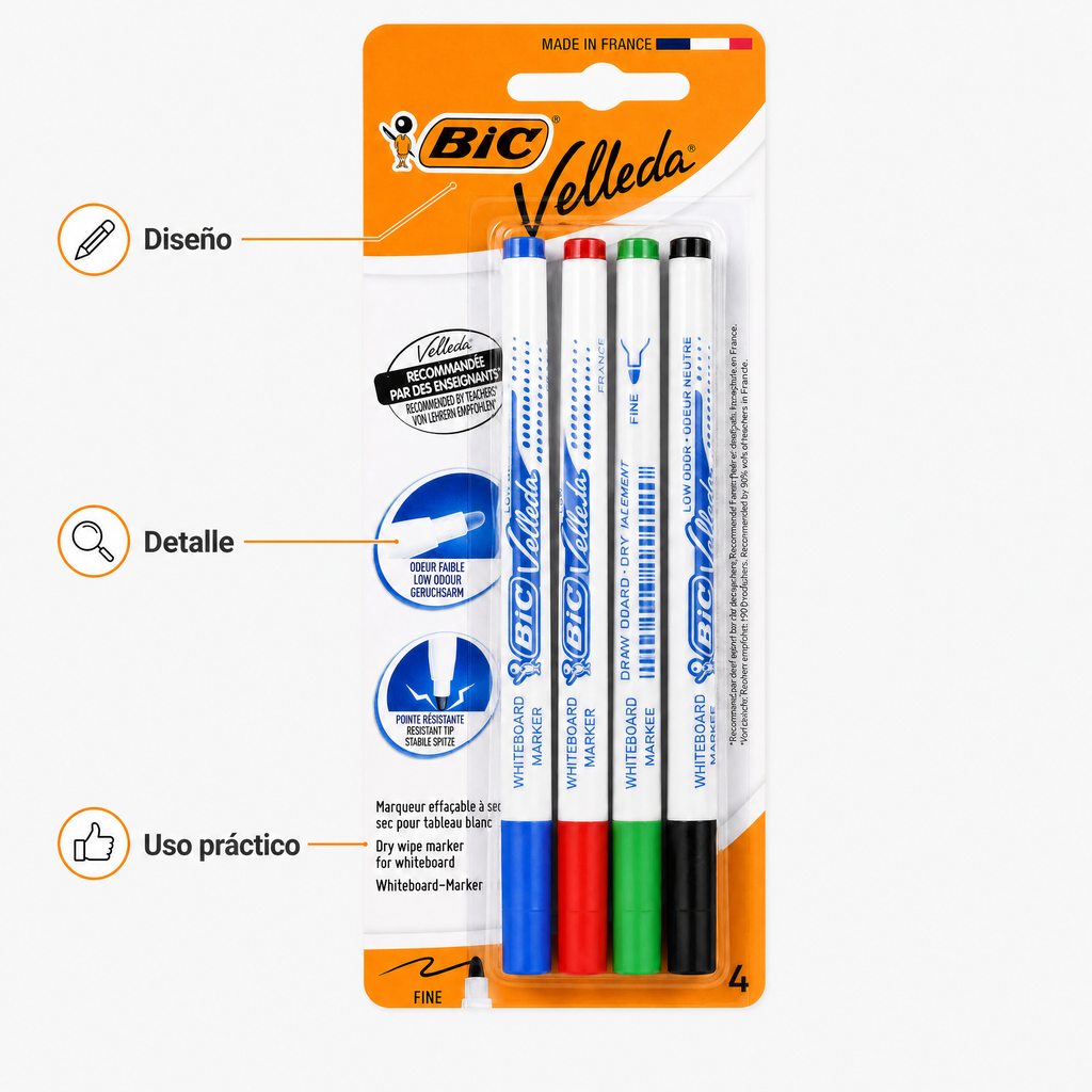 BIC Velleda Rotuladores para Pizarra Blanca Pack de 4 Borrado en Seco