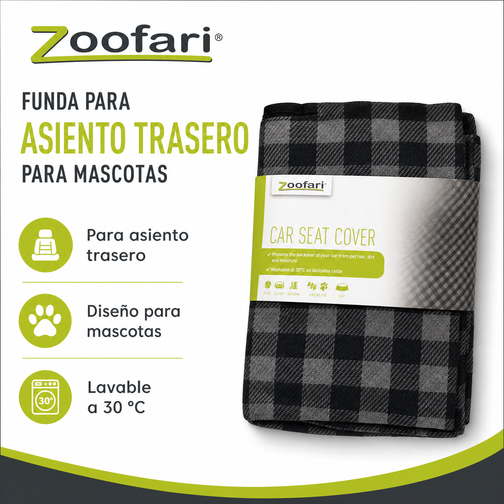 Zoofari funda para asiento de coche para mascotas - estampado a cuadros gris/negro