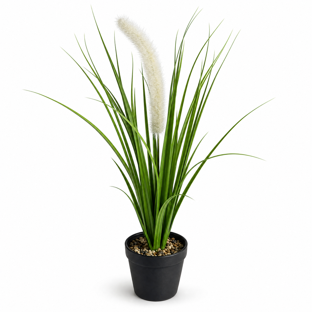 Planta artificial decorativa con espiga blanca y maceta negra