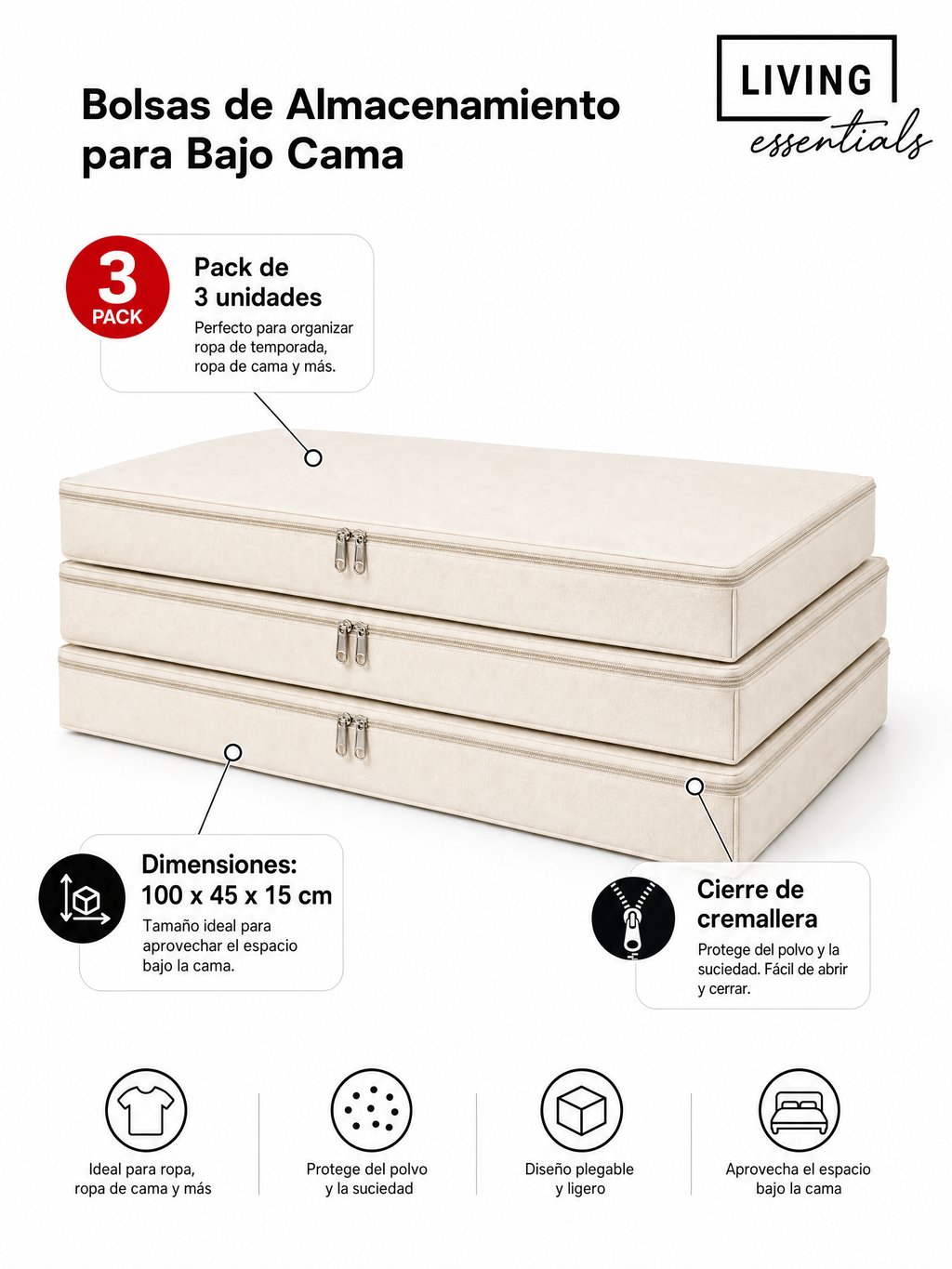 Bolsas de almacenaje debajo de la cama pack de 3 color crema con cremallera