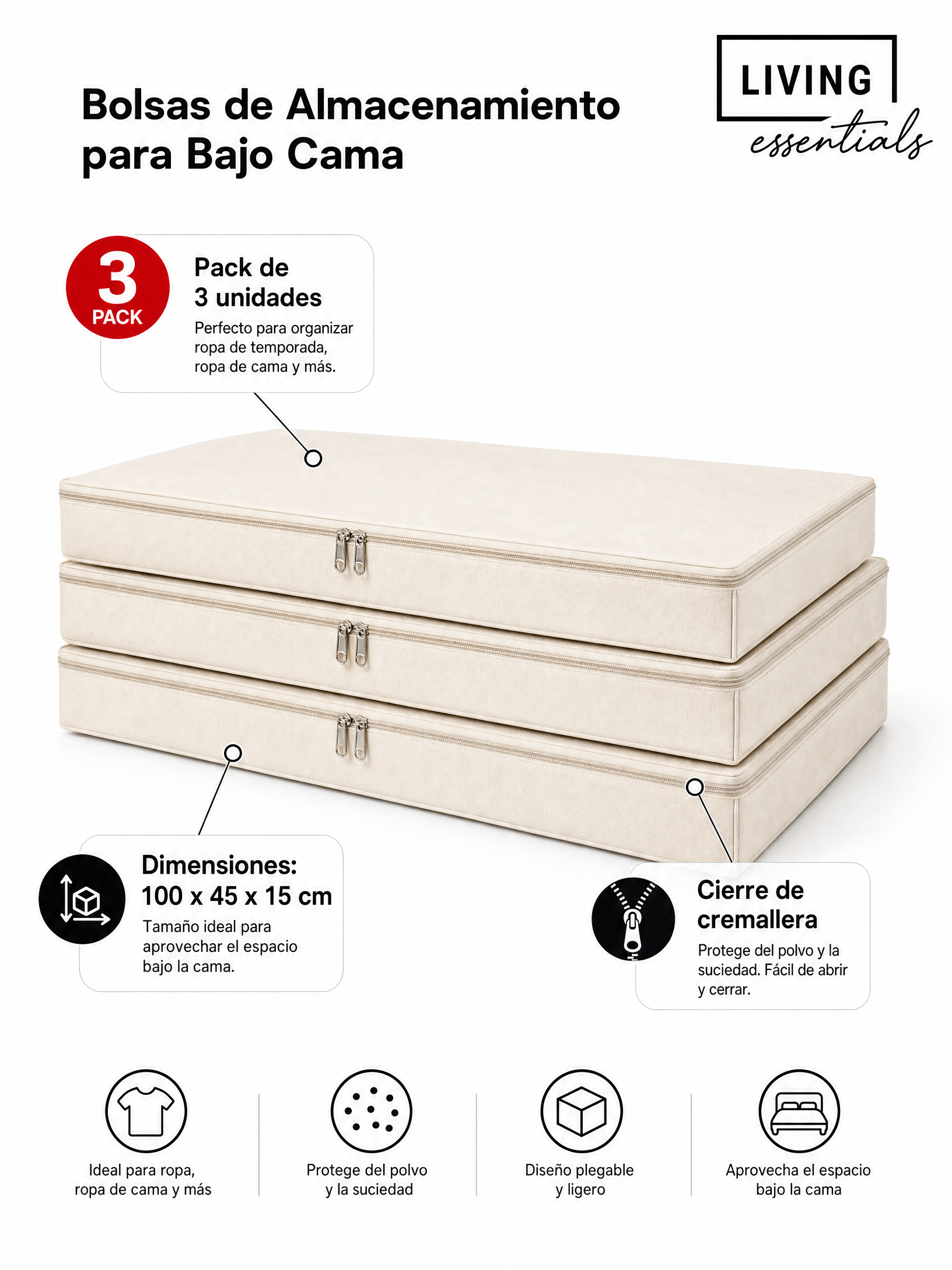 Bolsas de almacenaje debajo de la cama pack de 3 color crema con cremallera